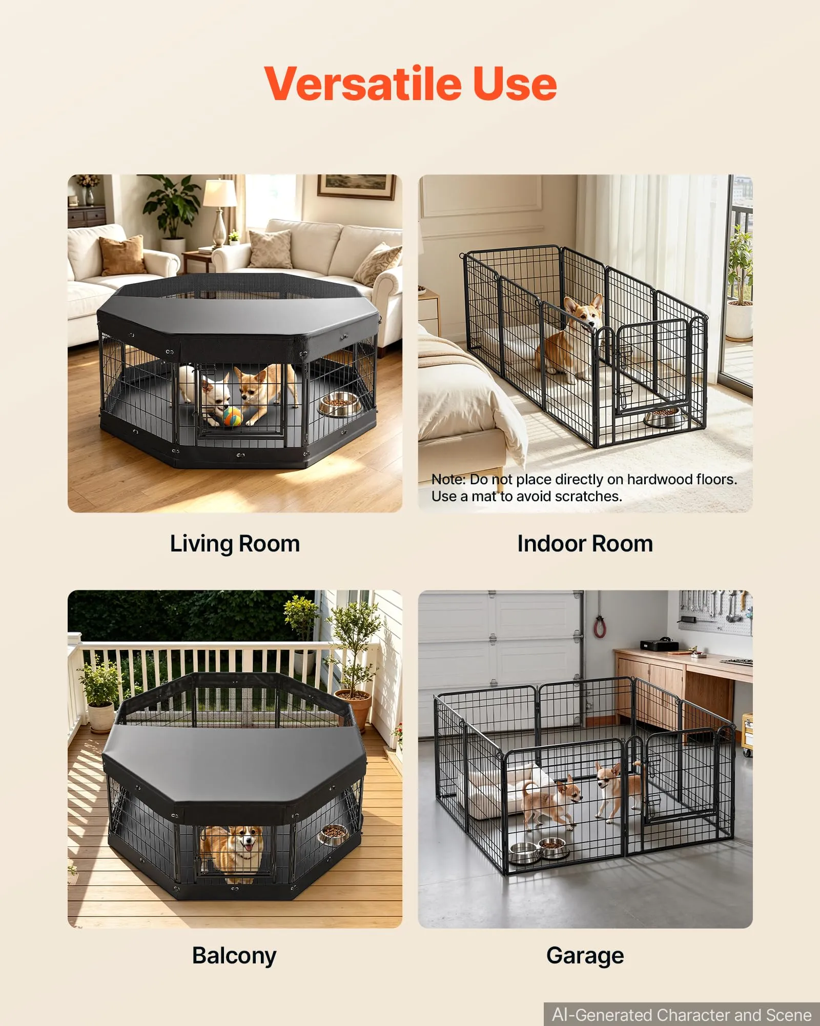 VEVOR Box per Cani da 61 cm 8 Pannelli con Copertura e Base Imbottita Nero - immagine 6