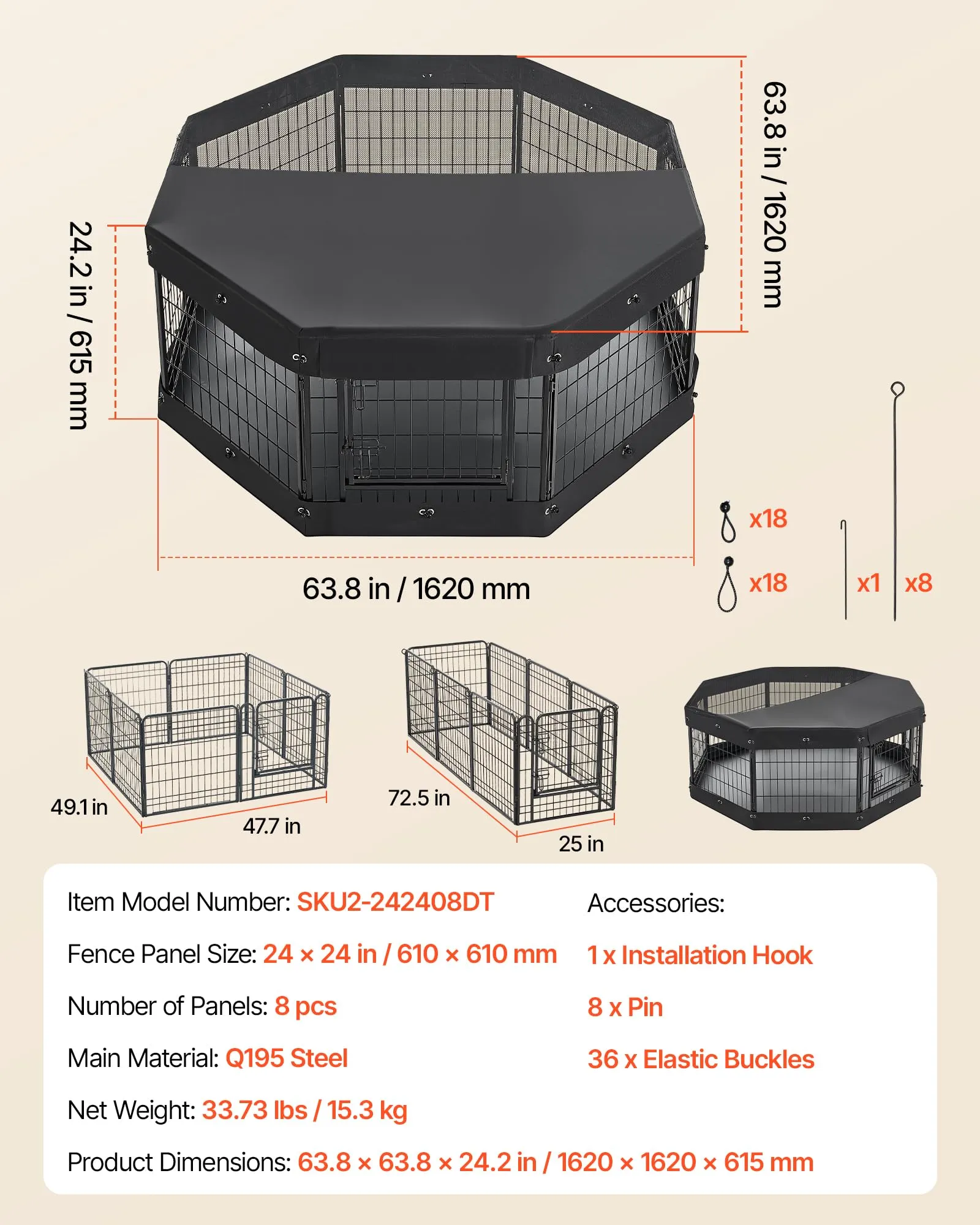VEVOR Box per Cani da 61 cm 8 Pannelli con Copertura e Base Imbottita Nero - immagine 7