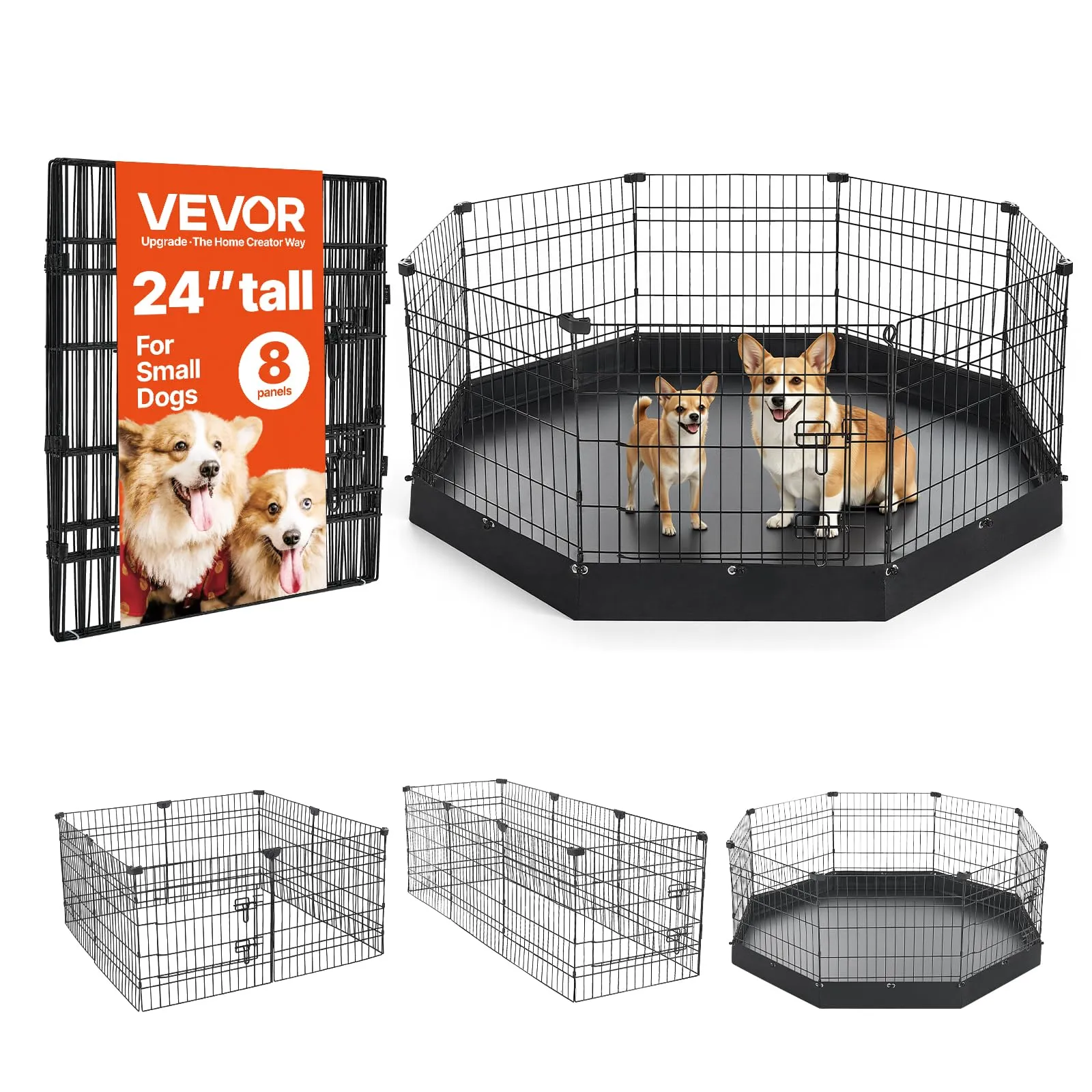 VEVOR Box per Cani da 61 cm 8 Pannelli con Fondo Imbottito Colore Nero - immagine 1