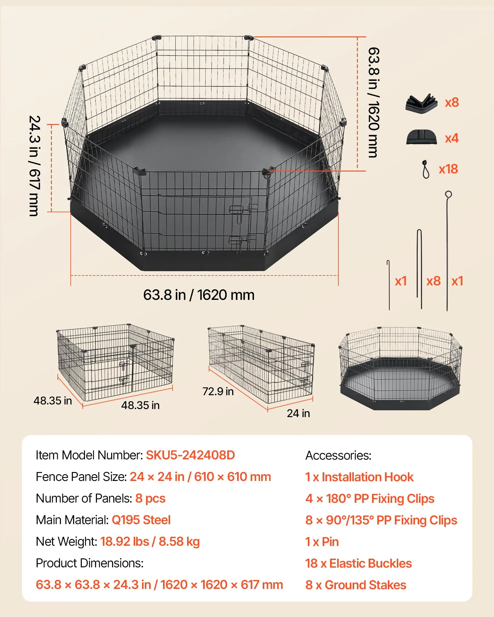 VEVOR Box per Cani da 61 cm 8 Pannelli con Fondo Imbottito Colore Nero - immagine 7
