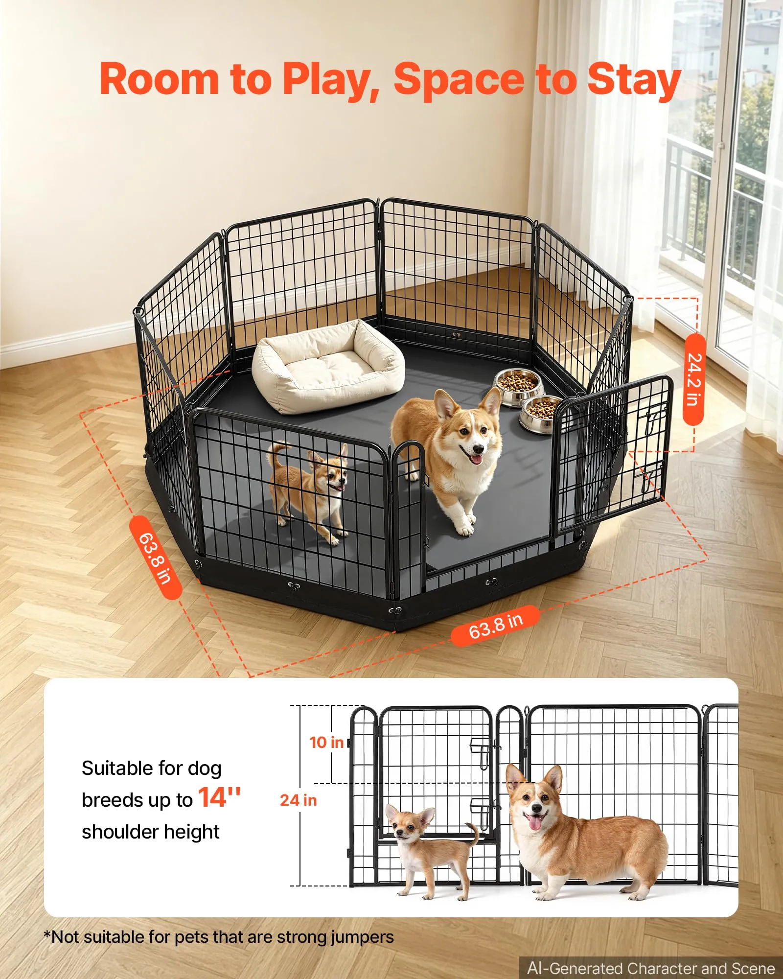 VEVOR Box per Cani da 61 cm 8 Pannelli Pieghevole con Base Imbottita Nero - immagine 2