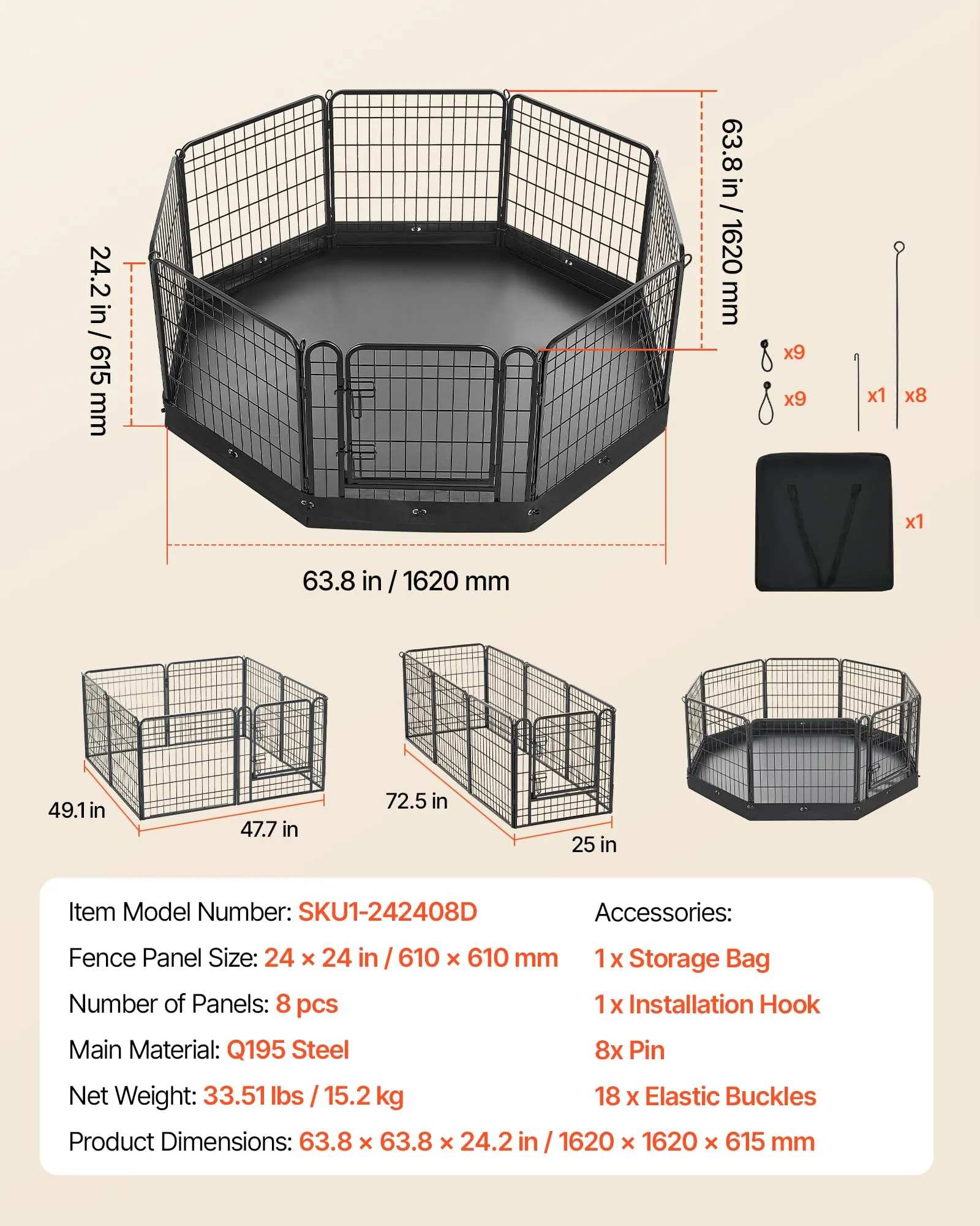 VEVOR Box per Cani da 61 cm 8 Pannelli Pieghevole con Base Imbottita Nero - immagine 7