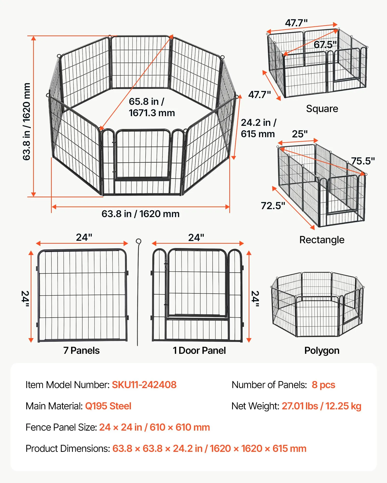 VEVOR Box per Cani da 61 cm 8 Pannelli Pieghevole in Metallo per Esercizi - immagine 7