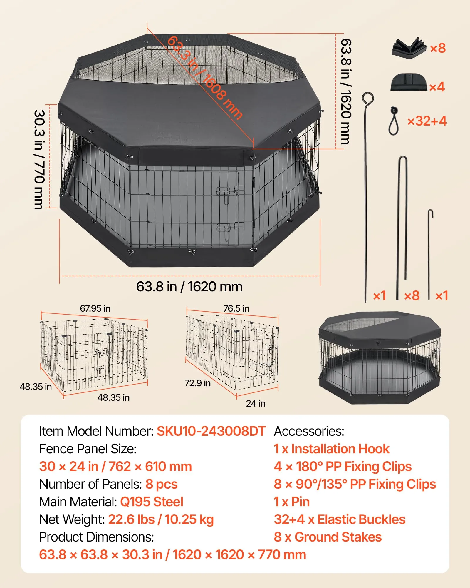 VEVOR Box per Cani da 76 cm con 8 Pannelli Copertura Base Imbottita Nero - immagine 7