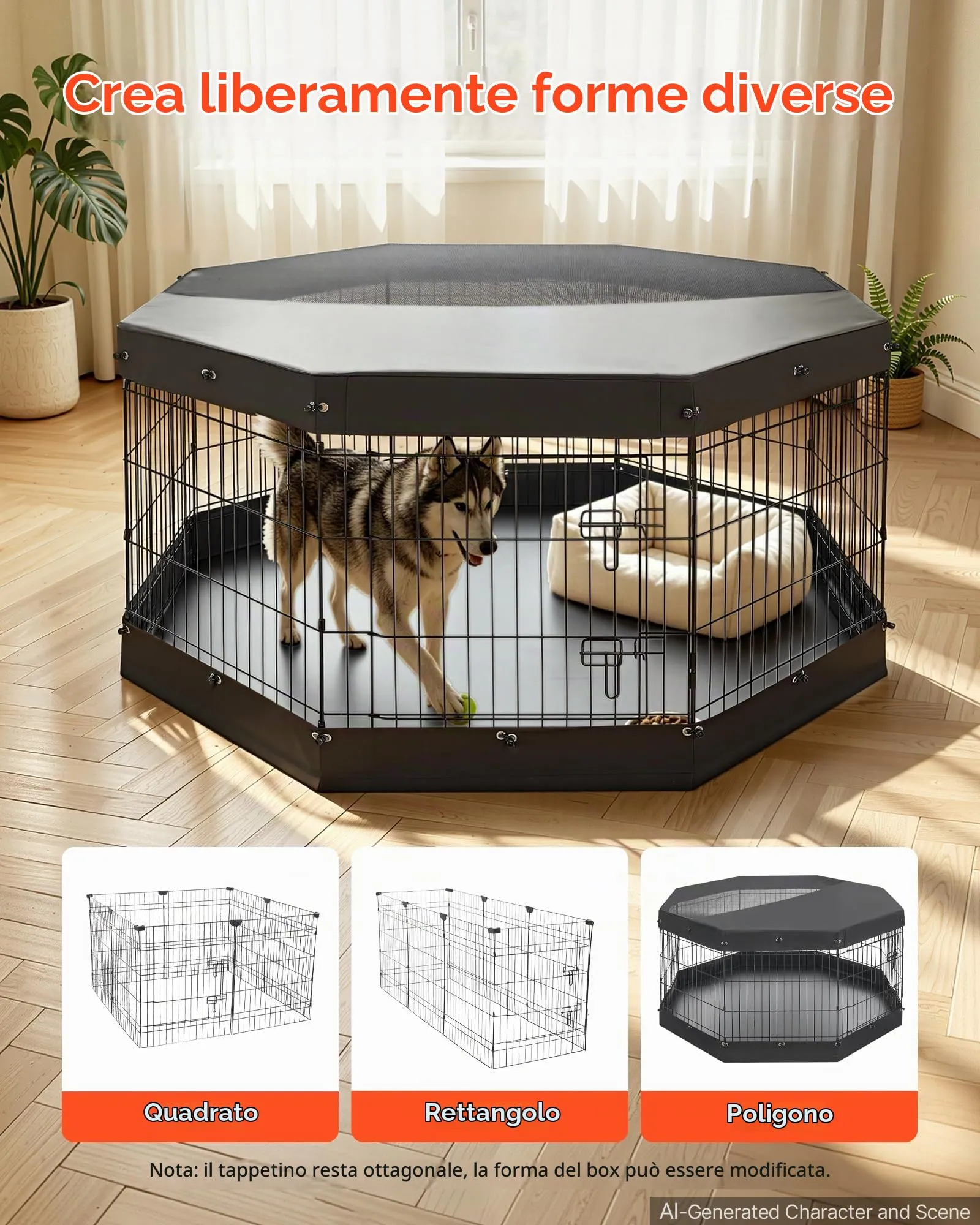 VEVOR Box per Cani da 76 cm con 8 Pannelli Copertura Base Imbottita Nero - immagine 8