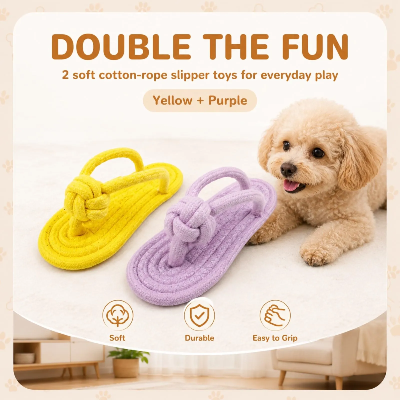LEFZUR 2 Giocattoli per Cani a Forma di Infradito, 1 Gialla e 1 Viola, con Corda di Canapa e Suono Squittio, Peluche Morbido per Cuccioli, Gioco Interattivo per Masticare e Ridurre lo Stress e l'Ansia - immagine 2