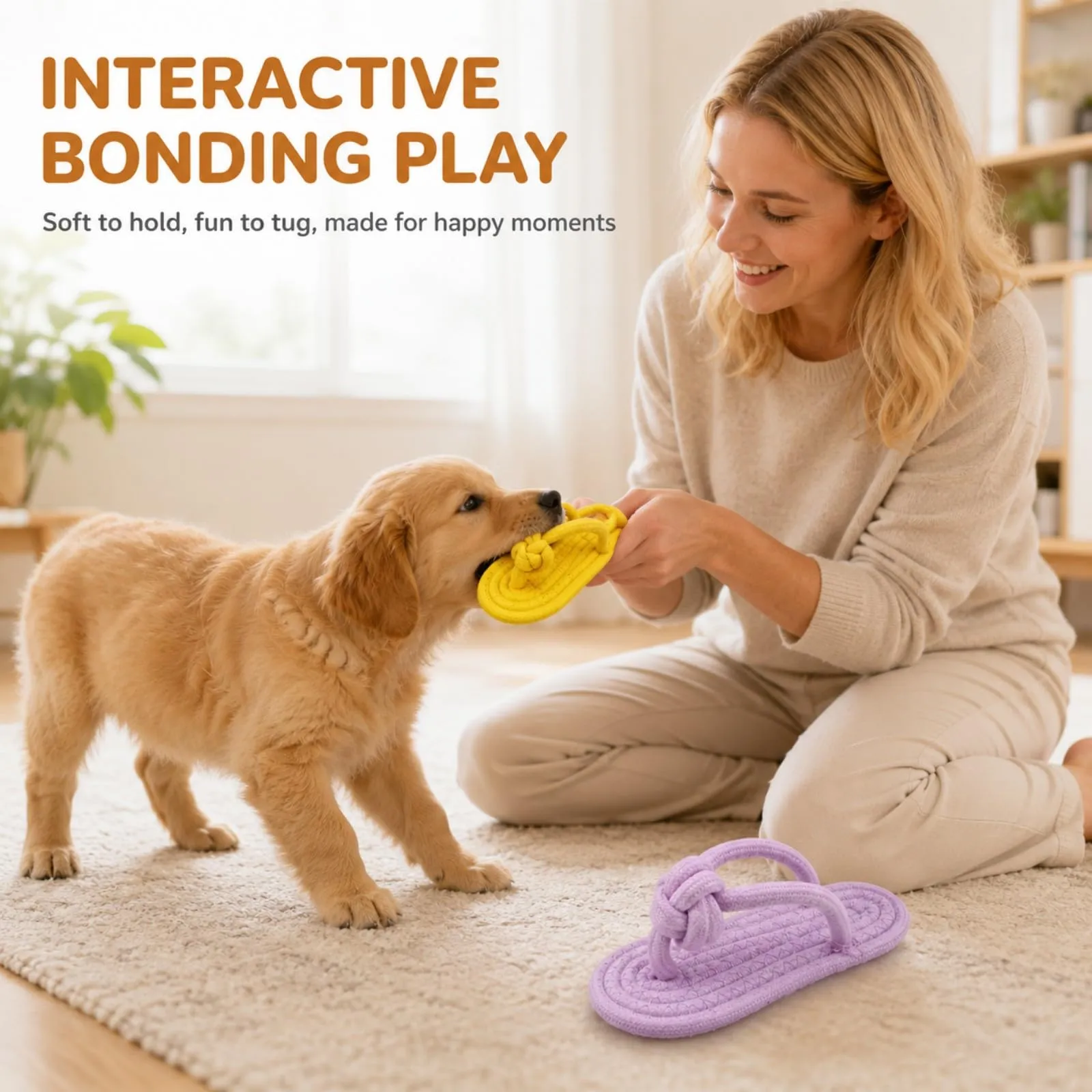 LEFZUR 2 Giocattoli per Cani a Forma di Infradito, 1 Gialla e 1 Viola, con Corda di Canapa e Suono Squittio, Peluche Morbido per Cuccioli, Gioco Interattivo per Masticare e Ridurre lo Stress e l'Ansia - immagine 4