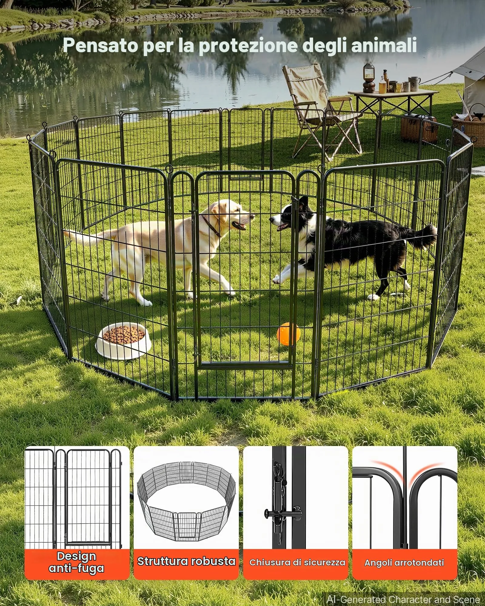 VEVOR Box per Cani da 102 cm 16 Pannelli Pieghevole in Metallo Colore Nero - immagine 3