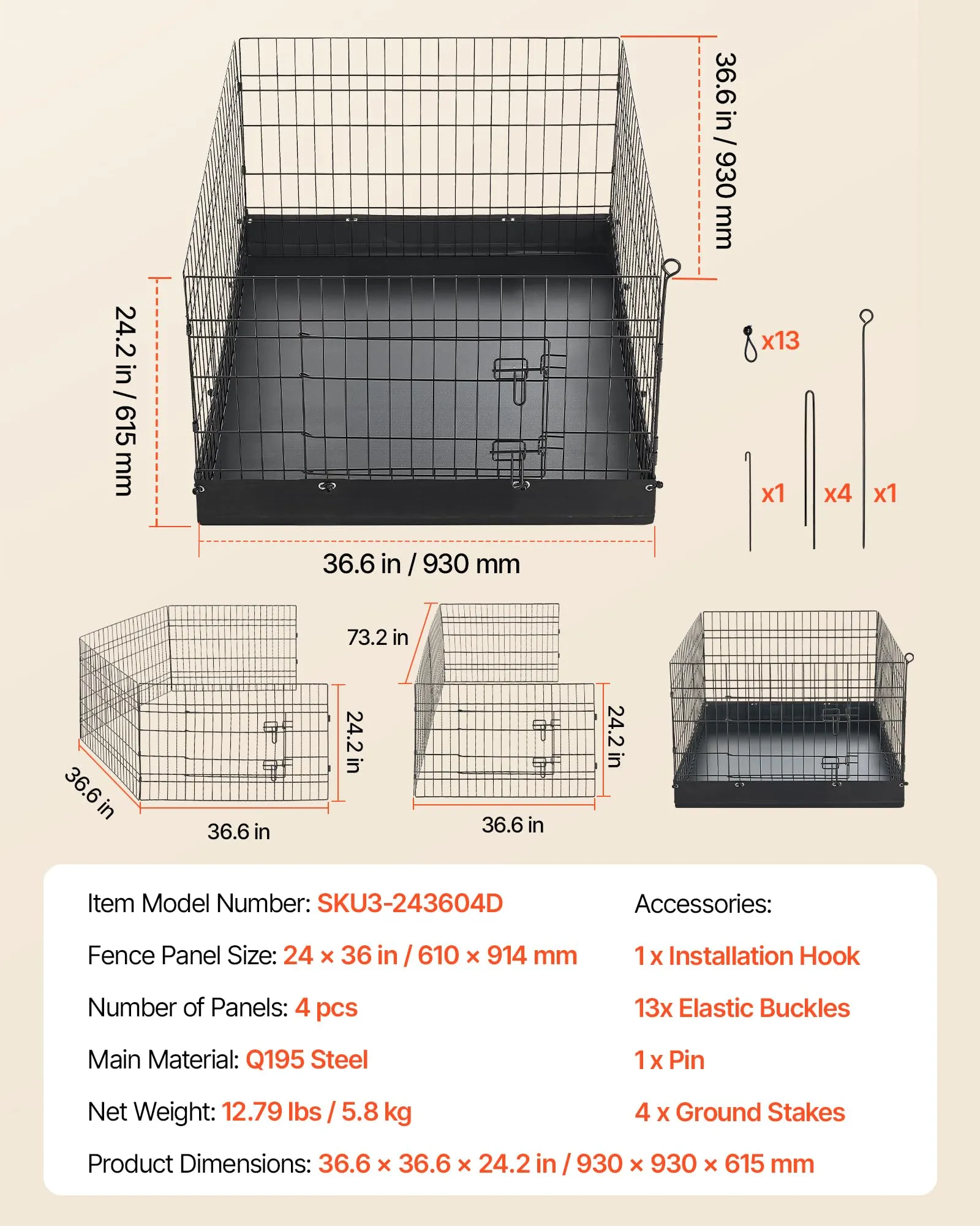 VEVOR Box per Cani da 61 cm a 4 Pannelli Pieghevole con Base Imbottita - immagine 7