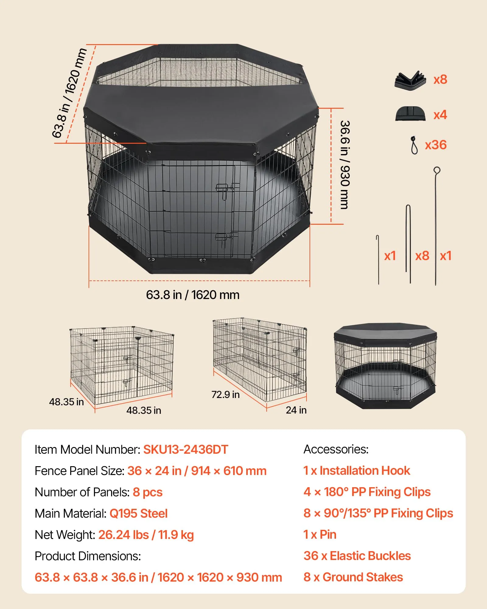 VEVOR Box per Cani da 91 cm 8 Pannelli Copertura Superiore e Base Imbottita - immagine 7