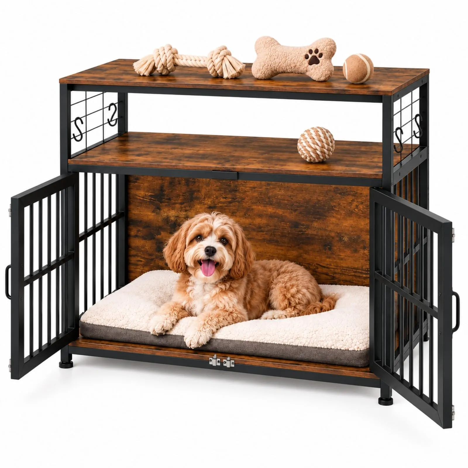 EGGREE Gabbia per Cani, Interno 94 cm, Doppia Porta, 2 Ripiani, Marrone - immagine 1
