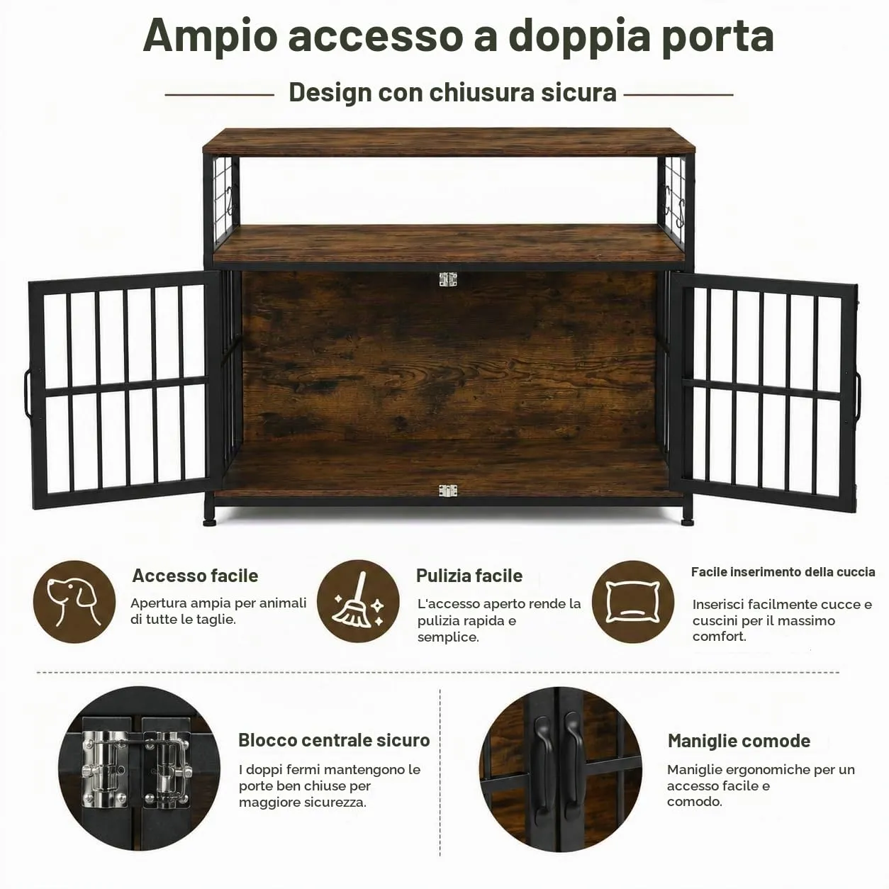 EGGREE Gabbia per Cani, Interno 94 cm, Doppia Porta, 2 Ripiani, Marrone - immagine 3