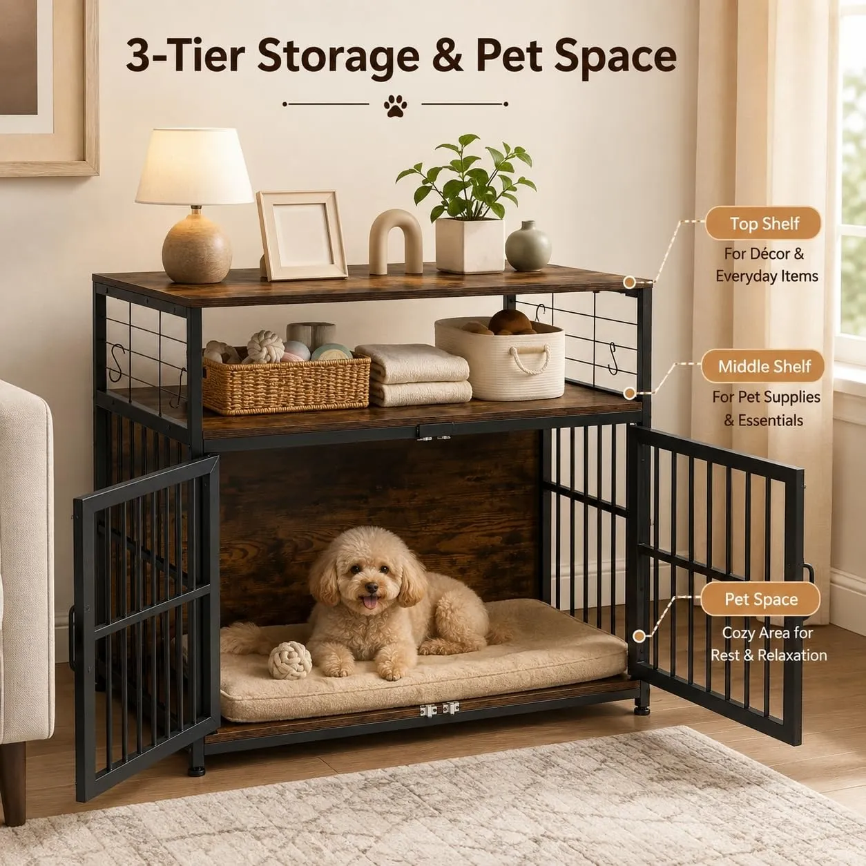EGGREE Gabbia per Cani, Interno 94 cm, Doppia Porta, 2 Ripiani, Marrone - immagine 4
