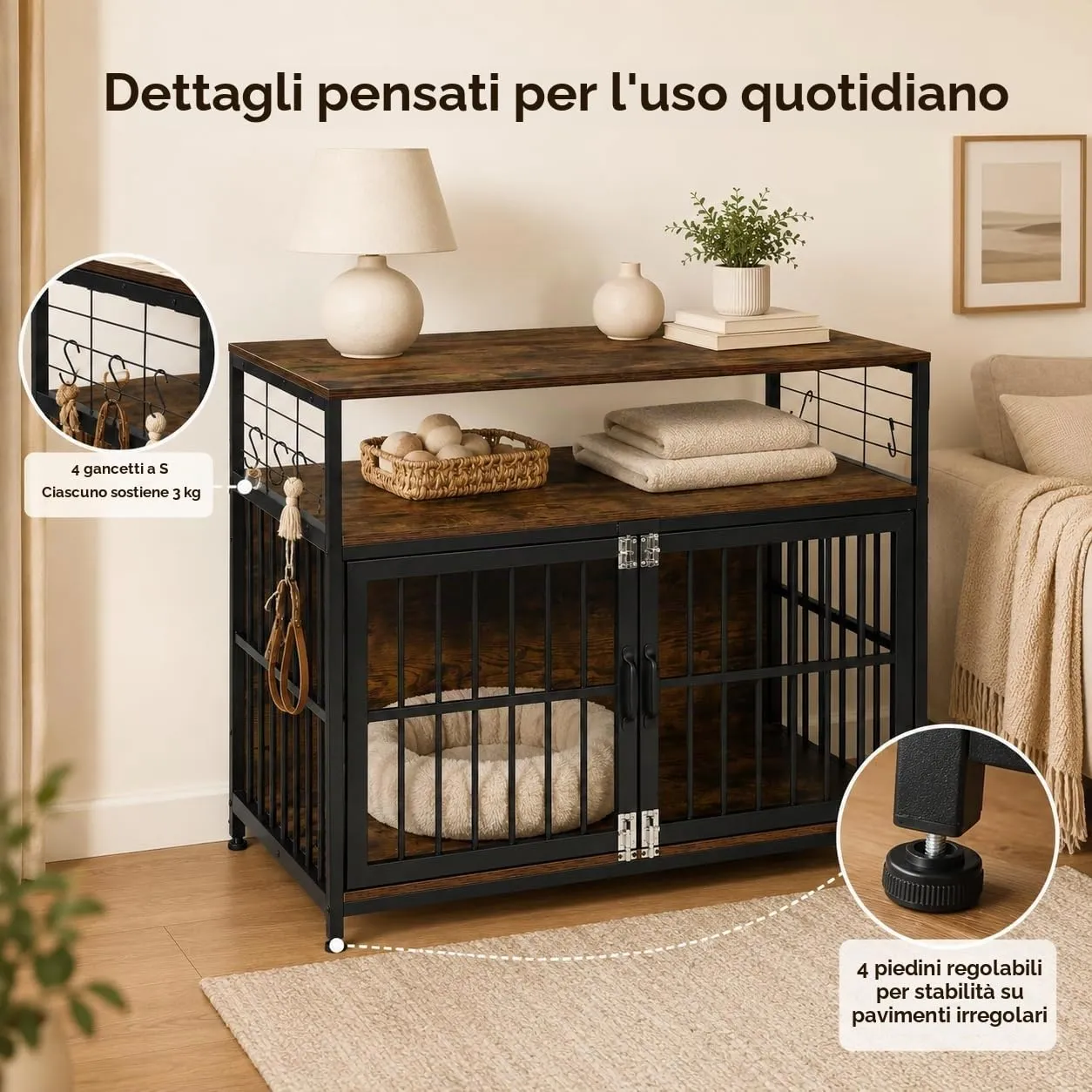 EGGREE Gabbia per Cani, Interno 94 cm, Doppia Porta, 2 Ripiani, Marrone - immagine 5