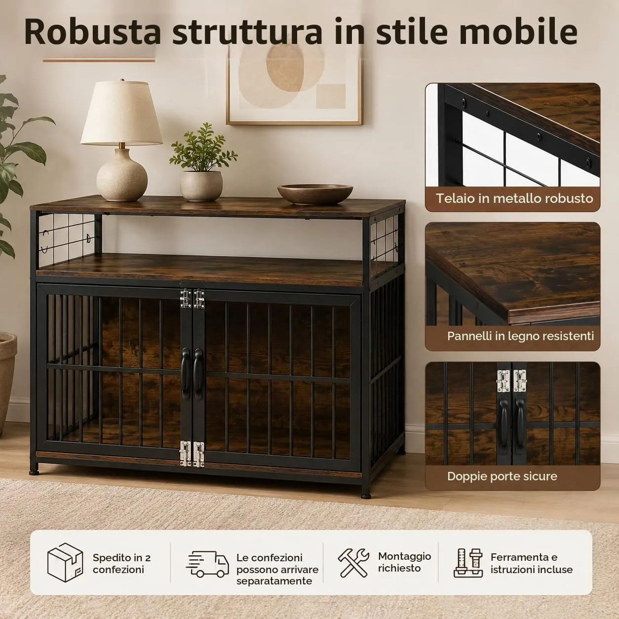 EGGREE Gabbia per Cani, Interno 94 cm, Doppia Porta, 2 Ripiani, Marrone - immagine 6