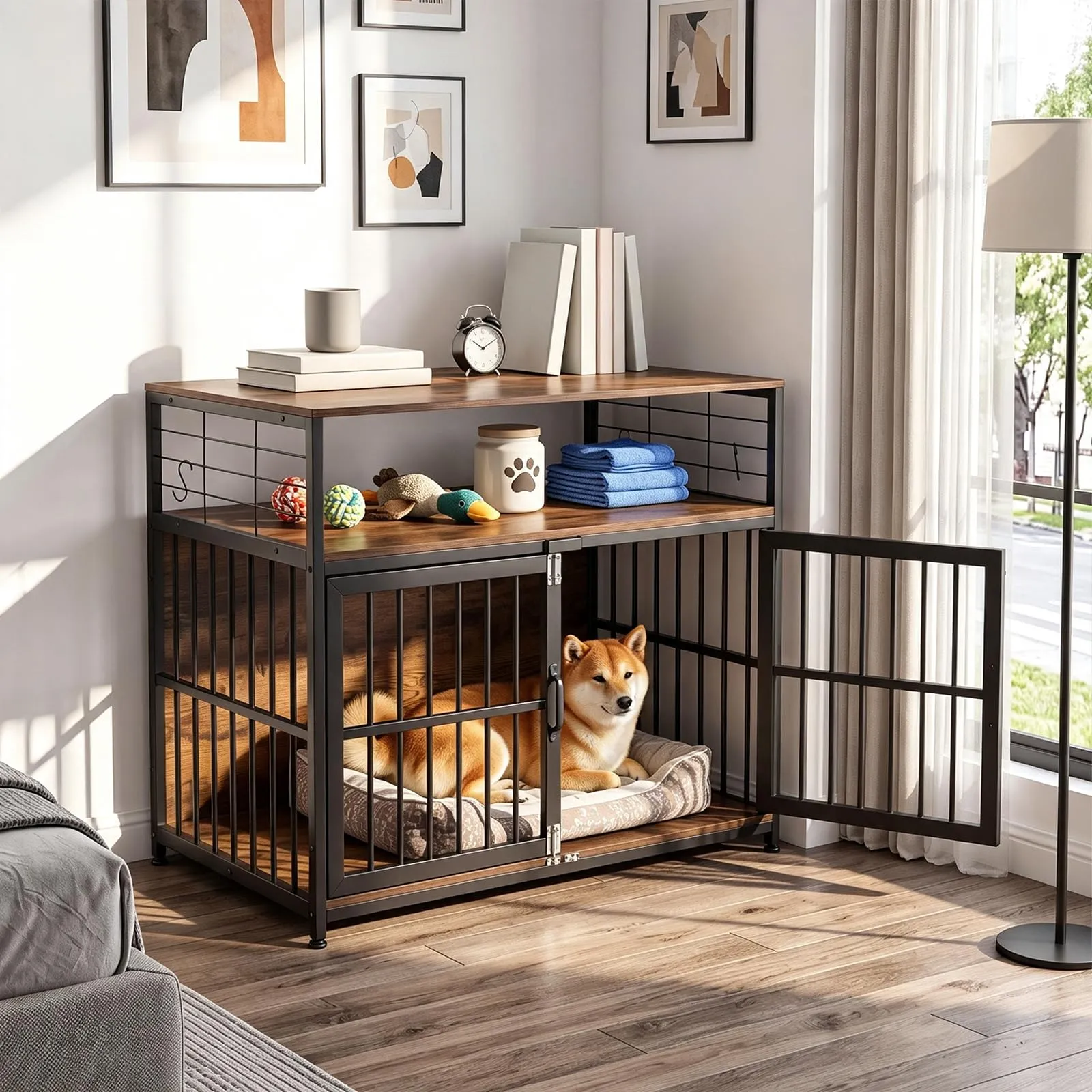 EGGREE Gabbia per Cani, Interno 94 cm, Doppia Porta, 2 Ripiani, Marrone - immagine 7