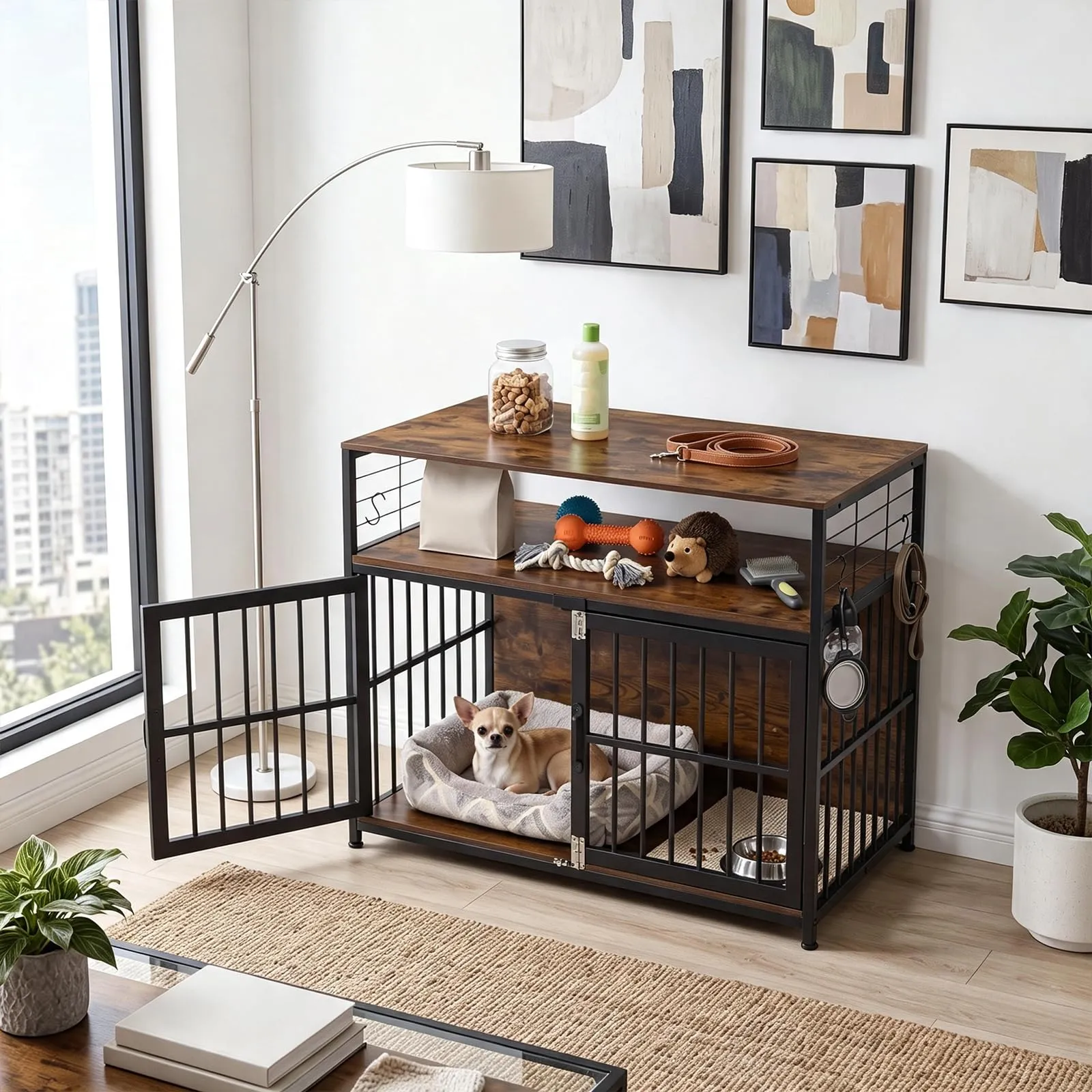EGGREE Gabbia per Cani, Interno 94 cm, Doppia Porta, 2 Ripiani, Marrone - immagine 8