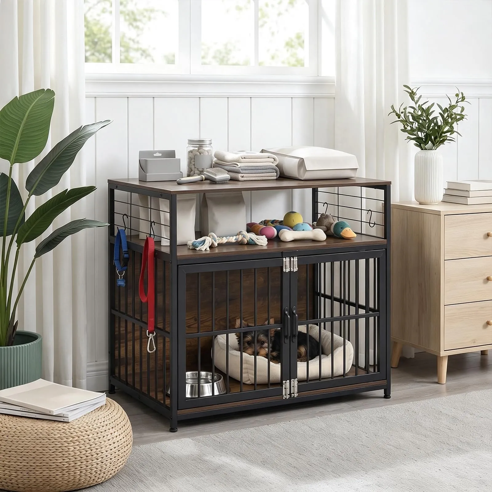 EGGREE Gabbia per Cani, Interno 94 cm, Doppia Porta, 2 Ripiani, Marrone - immagine 9