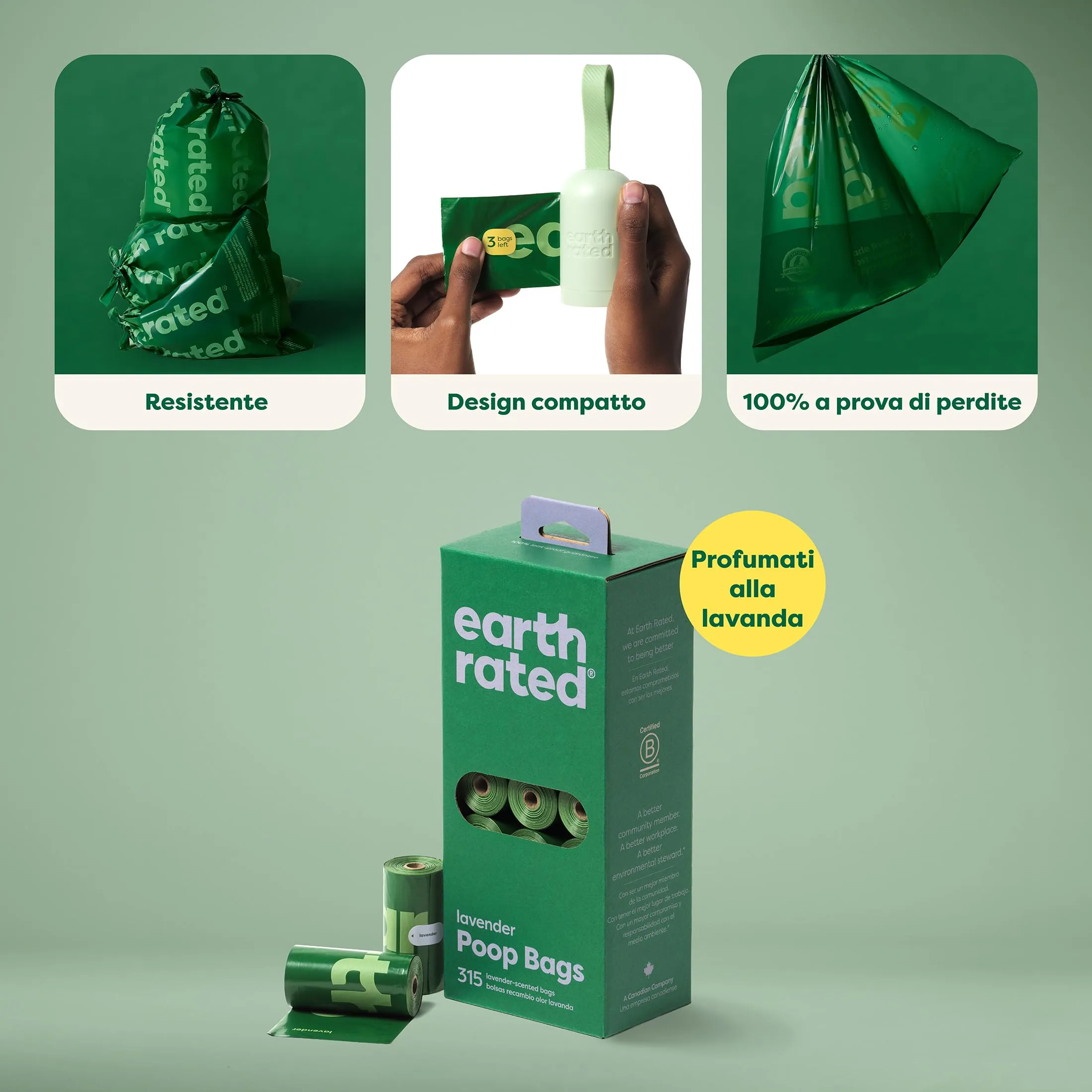 Earth Rated Sacchetti igienici per cani, a prova di perdite e extra resistenti, rotoli di ricarica in confezione convenienza, profumati alla lavanda, 315 pezzi - immagine 3