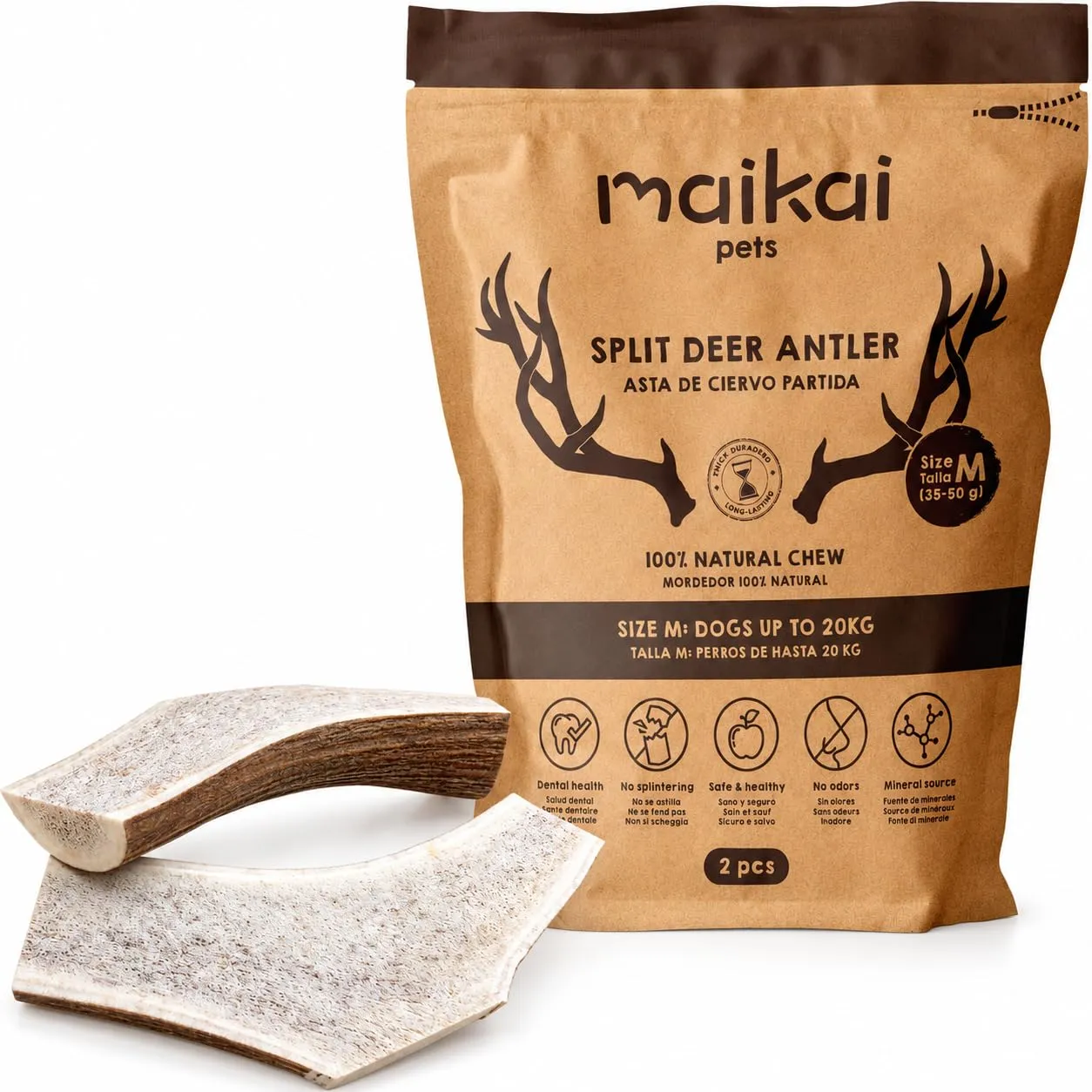 MAIKAI Corno di Cervo per Cani Taglia M Tagliato a Metà – 100% Naturale + Sicuro e Resistente – Masticativo Lunga Durata per Igiene Dentale – Riduce Placca e Tartaro – Regali Per Cani - immagine 1