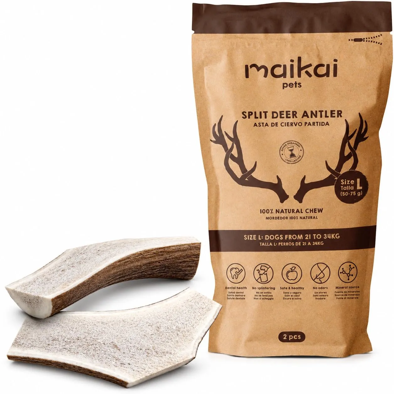 MAIKAI Confezione da 2 Corna di Cervo per Cani Tagliati a Metà Taglia L – 100% Naturali, Resistenti e Sicuri – Masticativo Lungo per Igiene Dentale – Giocattolo Naturale Cane - Regali Per Cani - immagine 1