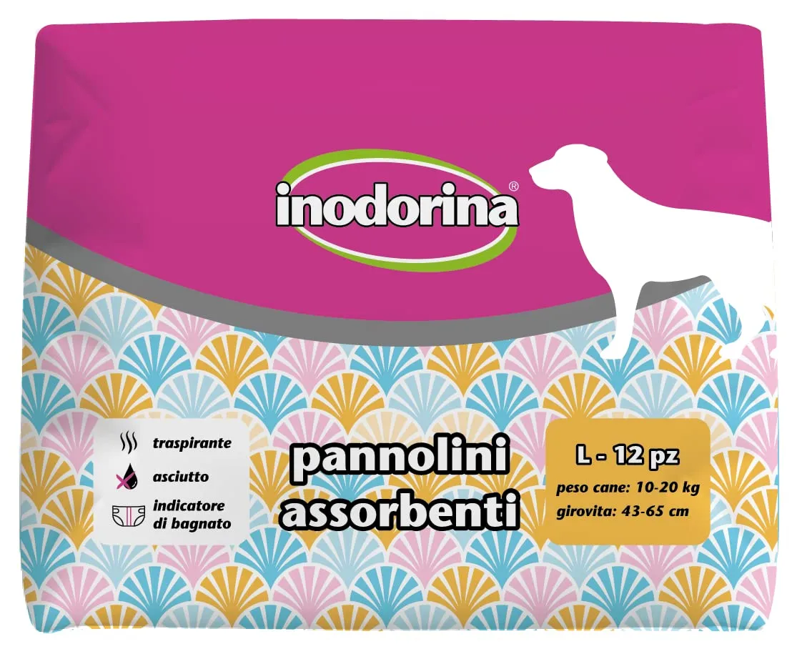 Inodorina, Pannolini Assorbenti Usa e Getta, Tecnologia Traspirante e Indicatore di Bagnato, con Buco per la Coda e Alette Lunghe, per Cani con Peso da 10-20 kg, Taglia L, 12 pezzi - immagine 1