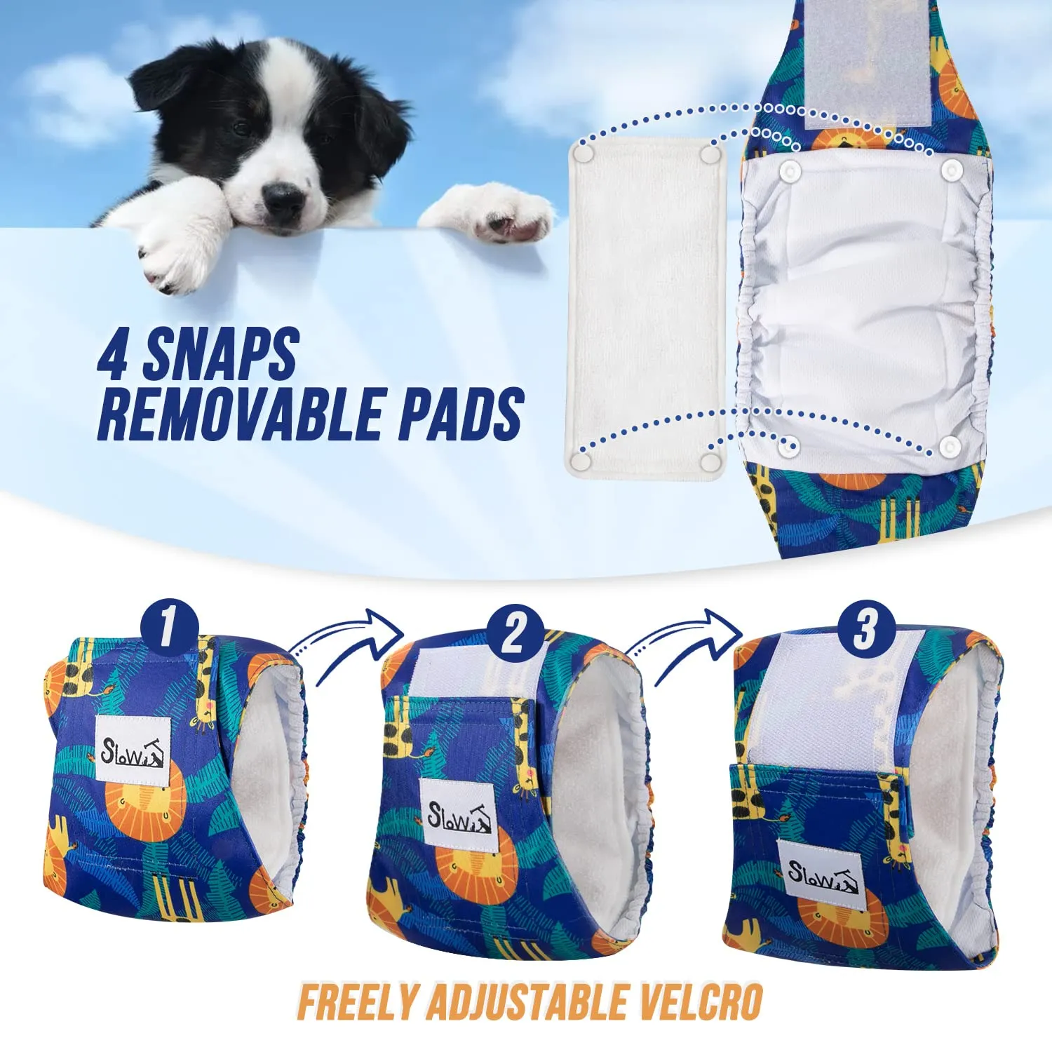 Slowton Male Dog Diapers Wraps, Pannolini lavabili fasce per la pancia con cuscinetti aggiuntivi, Pannolini altamente assorbenti con chiusura flessibile, confezione da 5 - immagine 5