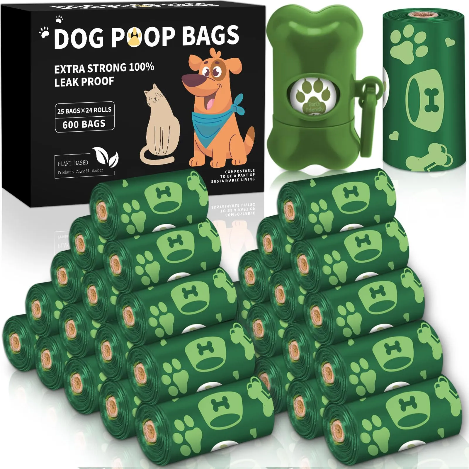 BGIUSQF 600 sacchetto per escrementi di cane (24 rotoli), dispenser portatile, facile da usare, a prova d'acqua e perdite - immagine 1