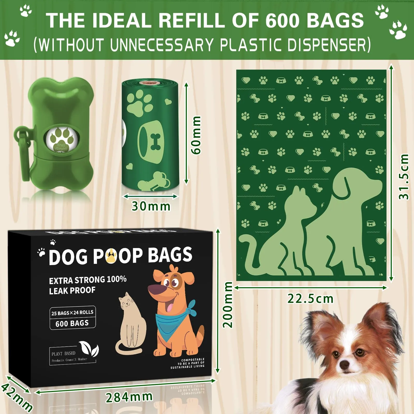 BGIUSQF 600 sacchetto per escrementi di cane (24 rotoli), dispenser portatile, facile da usare, a prova d'acqua e perdite - immagine 2