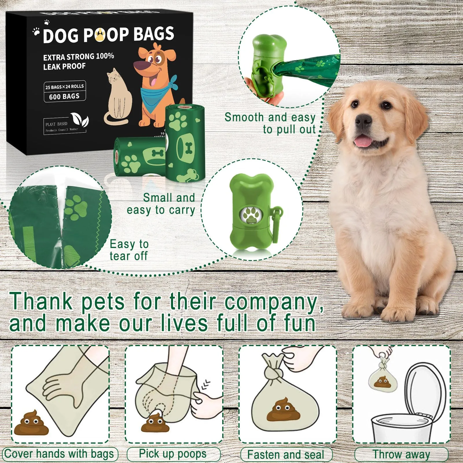 BGIUSQF 600 sacchetto per escrementi di cane (24 rotoli), dispenser portatile, facile da usare, a prova d'acqua e perdite - immagine 3