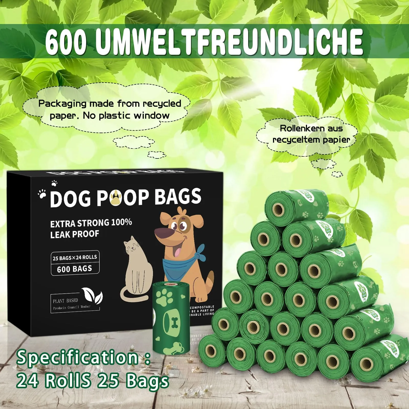 BGIUSQF 600 sacchetto per escrementi di cane (24 rotoli), dispenser portatile, facile da usare, a prova d'acqua e perdite - immagine 4