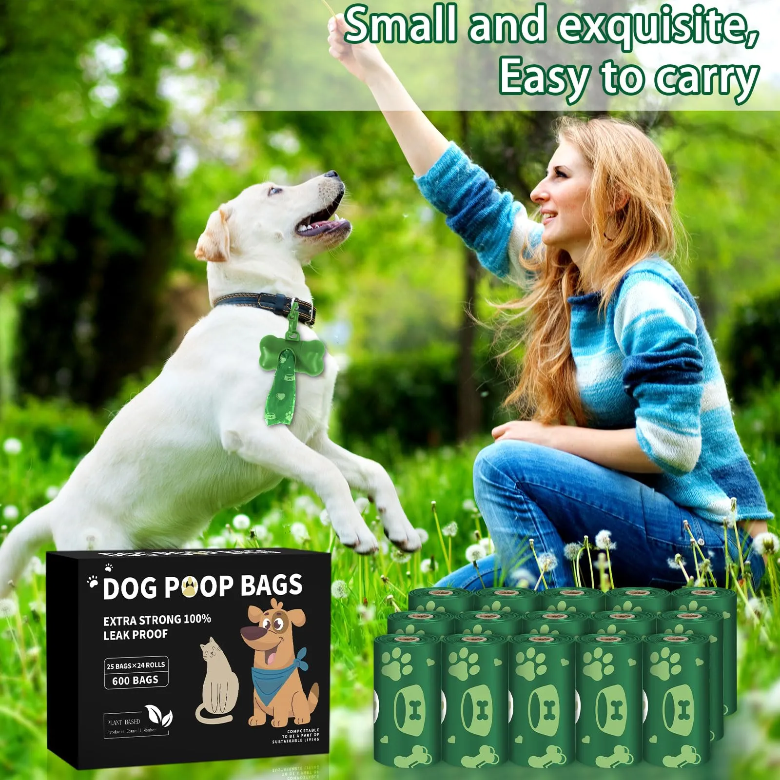 BGIUSQF 600 sacchetto per escrementi di cane (24 rotoli), dispenser portatile, facile da usare, a prova d'acqua e perdite - immagine 7
