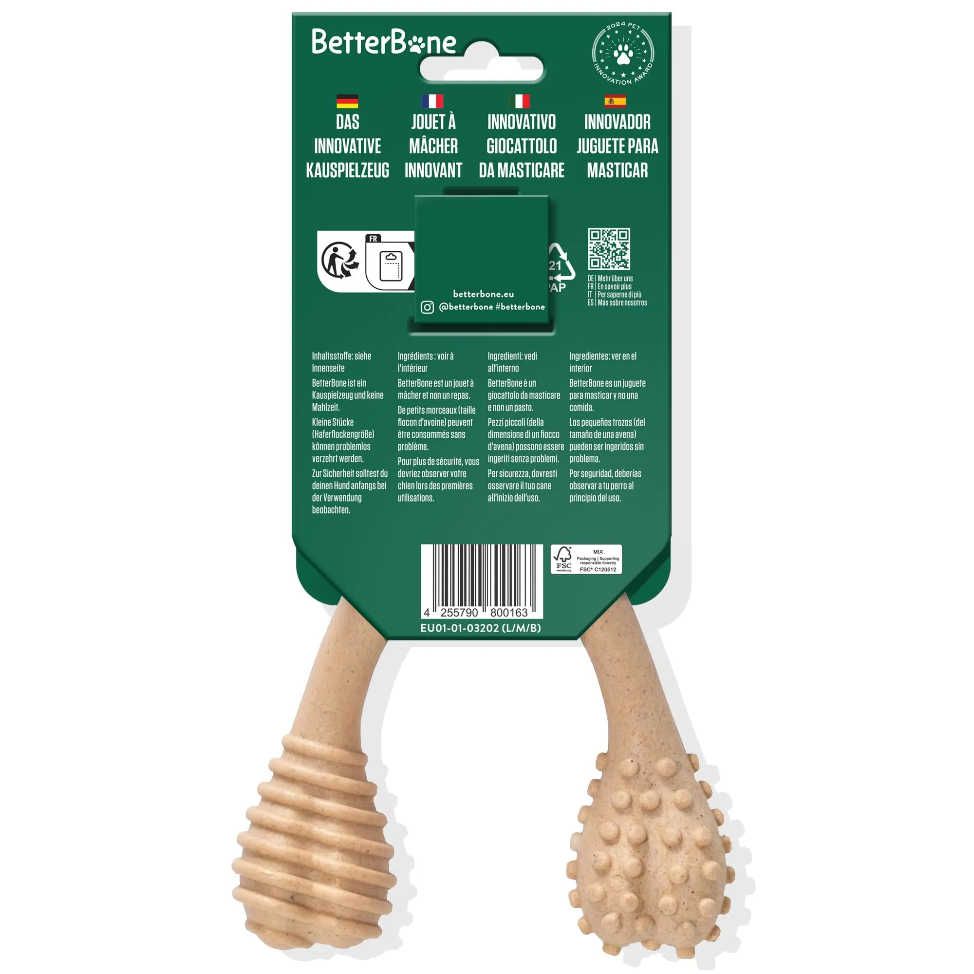 BetterBone - Giocattolo per cani da masticare – Large Medium Beef – Osso da masticare per cani senza nylon e OGM a base di cellulosa – Giocattolo da masticare medio con sapore di manzo – Legno da - immagine 8