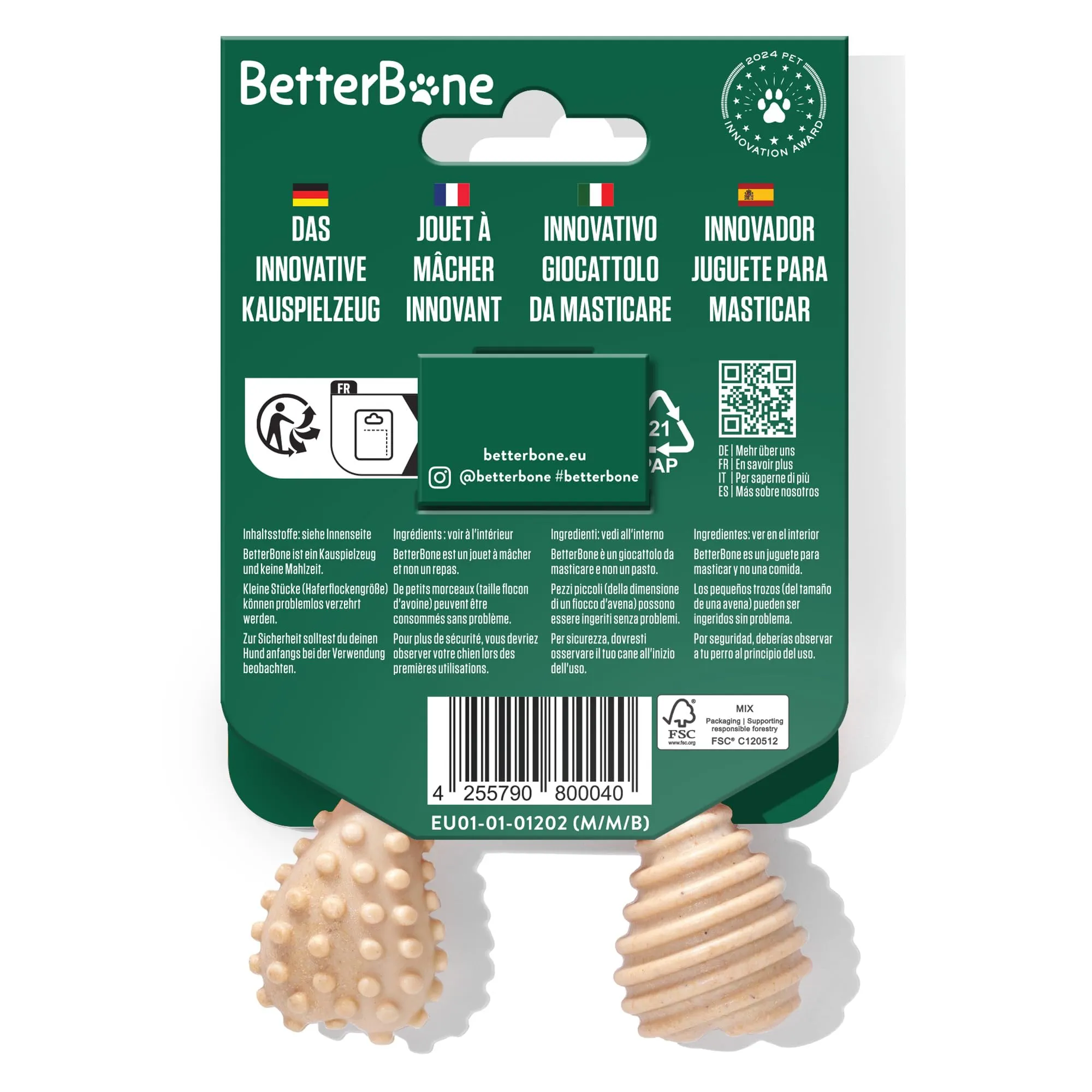 BetterBone - Giocattolo per cani da masticare – Mini Medium Beef – Osso da masticare per cani senza nylon e OGM a base di cellulosa – Giocattolo da masticare medio con sapore di manzo – Legno da - immagine 8