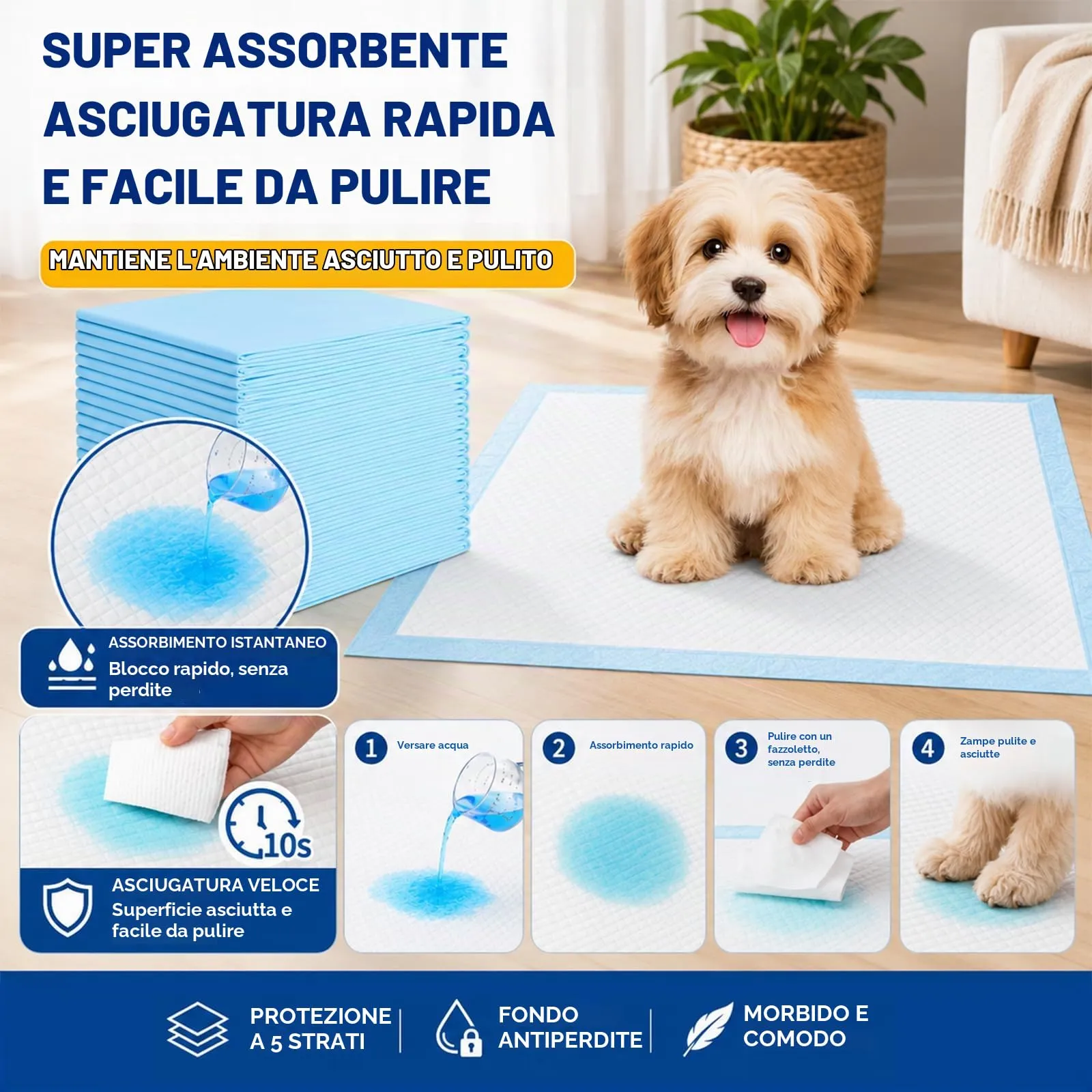 Carehabi 20 Pezzi Traversine Cani 60x90cm Tappetini Igienici per Cani e Cuccioli Asciugatura Rapida 5 Strati a Prova di Perdite - immagine 2