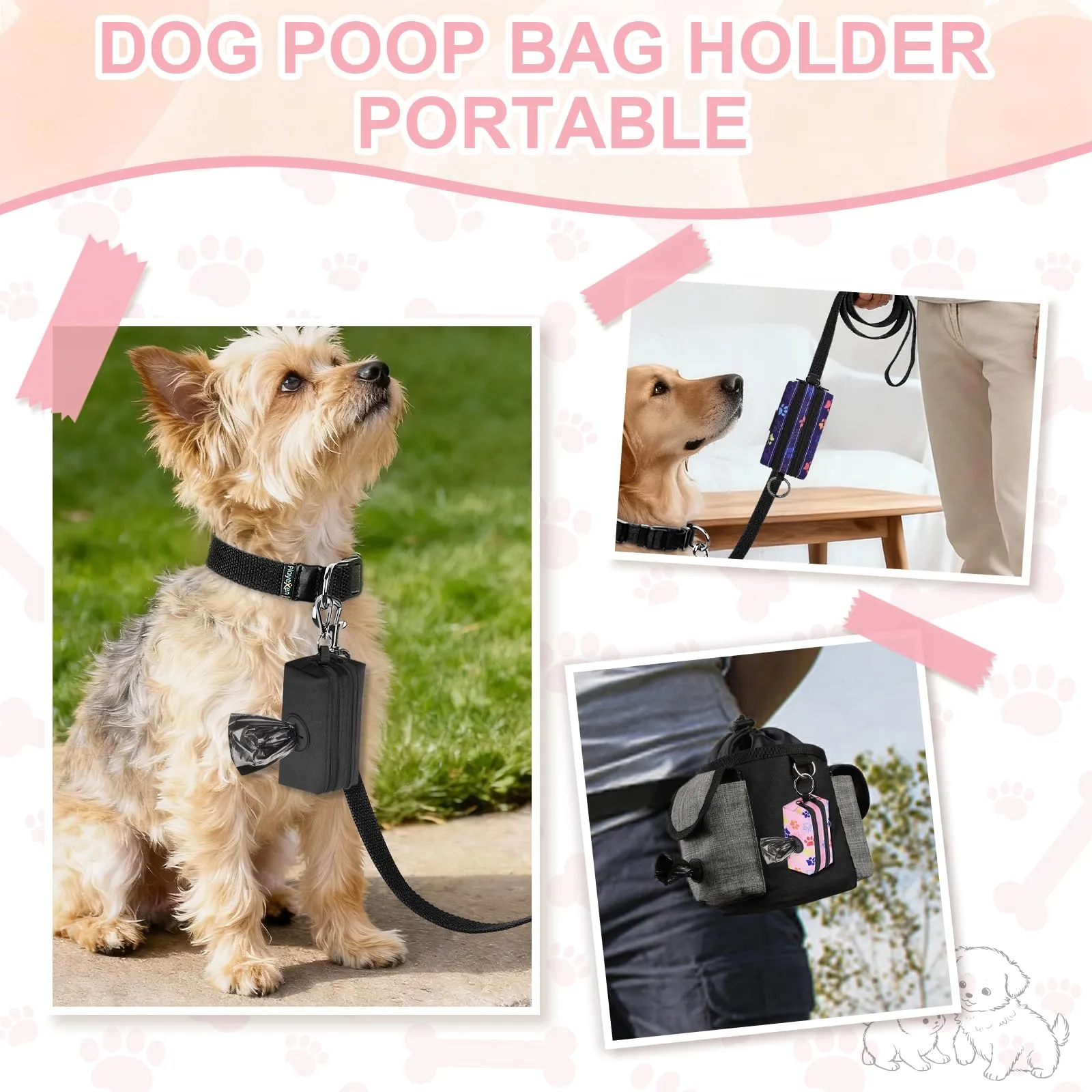 1 Pz Porta Sacchetti Cane Dispenser con 2 Scomparti con Cerniera Portasacchetti Cane per Escrementi Cani Accessori può Contenere Standard di Dispenser Cacca Sacchetti per Portare a Spasso(Rosa-Zampe) - immagine 2
