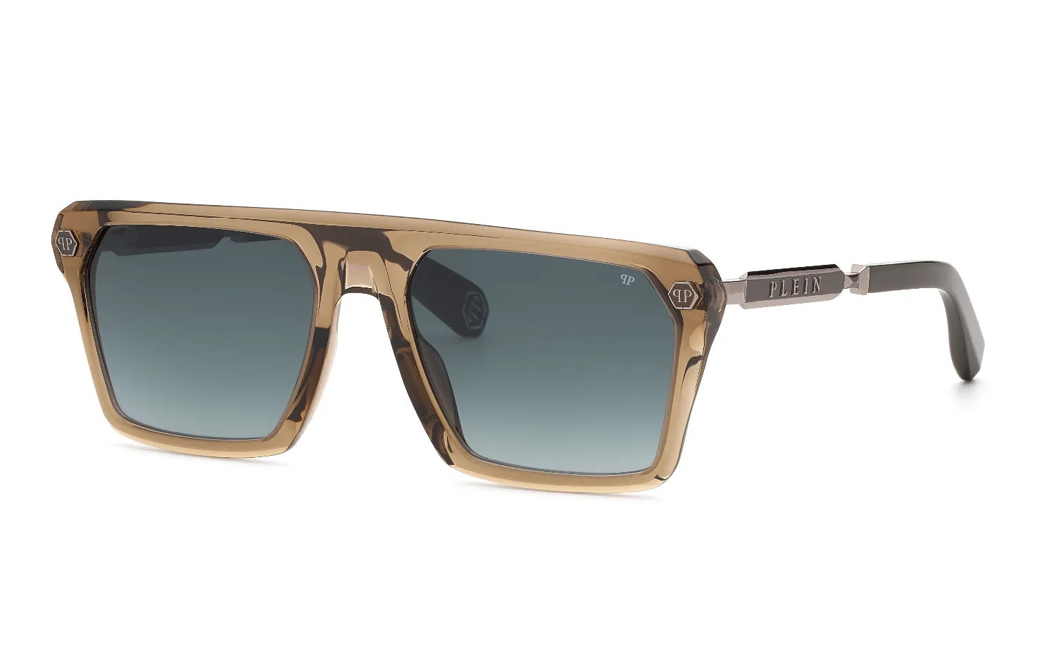 Philipp Plein SPP228 PLEIN HEXAGON STUD 09X8 Occhiali da sole Acetato Marrone Blu Squadrata Normale Sfumato - immagine 1