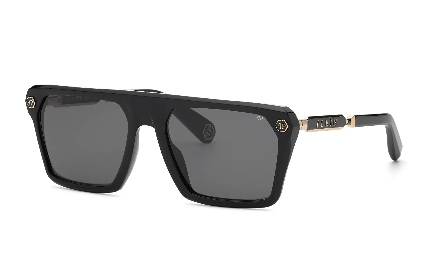 Philipp Plein SPP228 PLEIN HEXAGON STUD 700 Occhiali da sole Acetato Nero Fumo Squadrata Normale - immagine 1