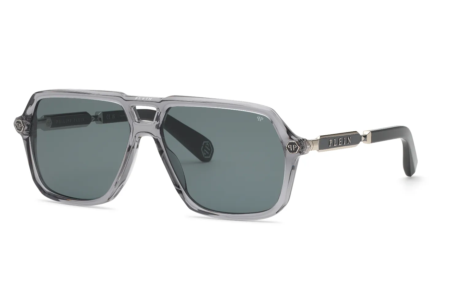 Philipp Plein SPP227 PLEIN HEXAGON STUD 09MB Occhiali da sole Acetato Grigio Fumo Geometrica Normale - immagine 1