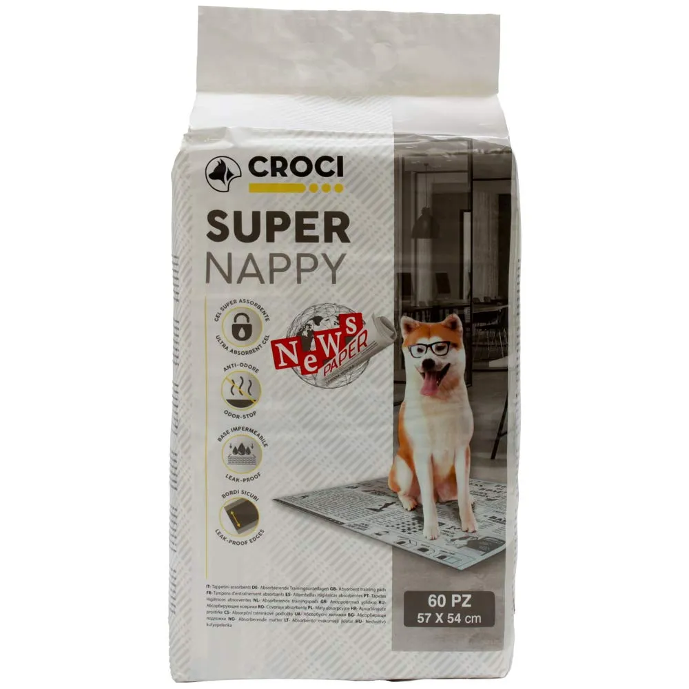Croci Super Nappy Newspaper - Tappetini igienici per cani super assorbenti 57x54 cm - 60 pz, Traverse cani e animali domestici usa e getta, antiodore e antistrappo - immagine 2