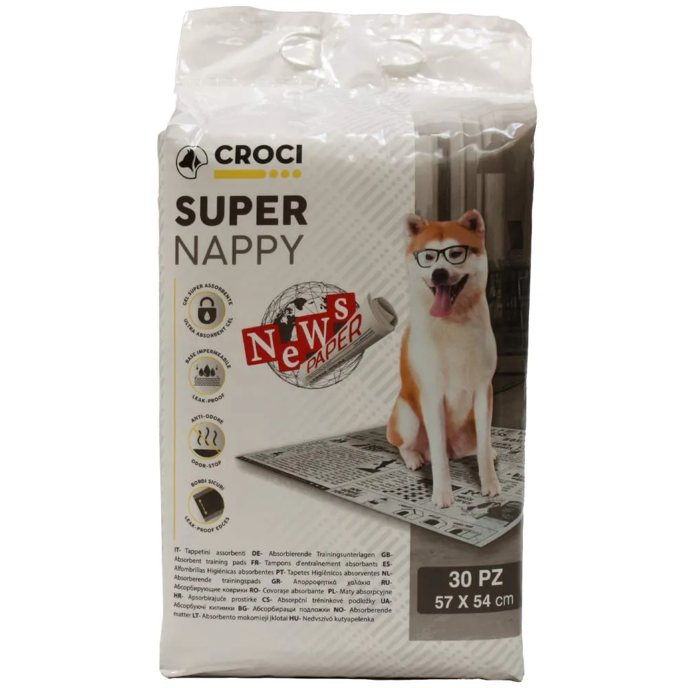 Croci Super Nappy Newspaper - Tappetini igienici per cani super assorbenti 57x54 cm - 30 pz, Traverse cani e animali domestici usa e getta, antiodore e antistrappo - immagine 2
