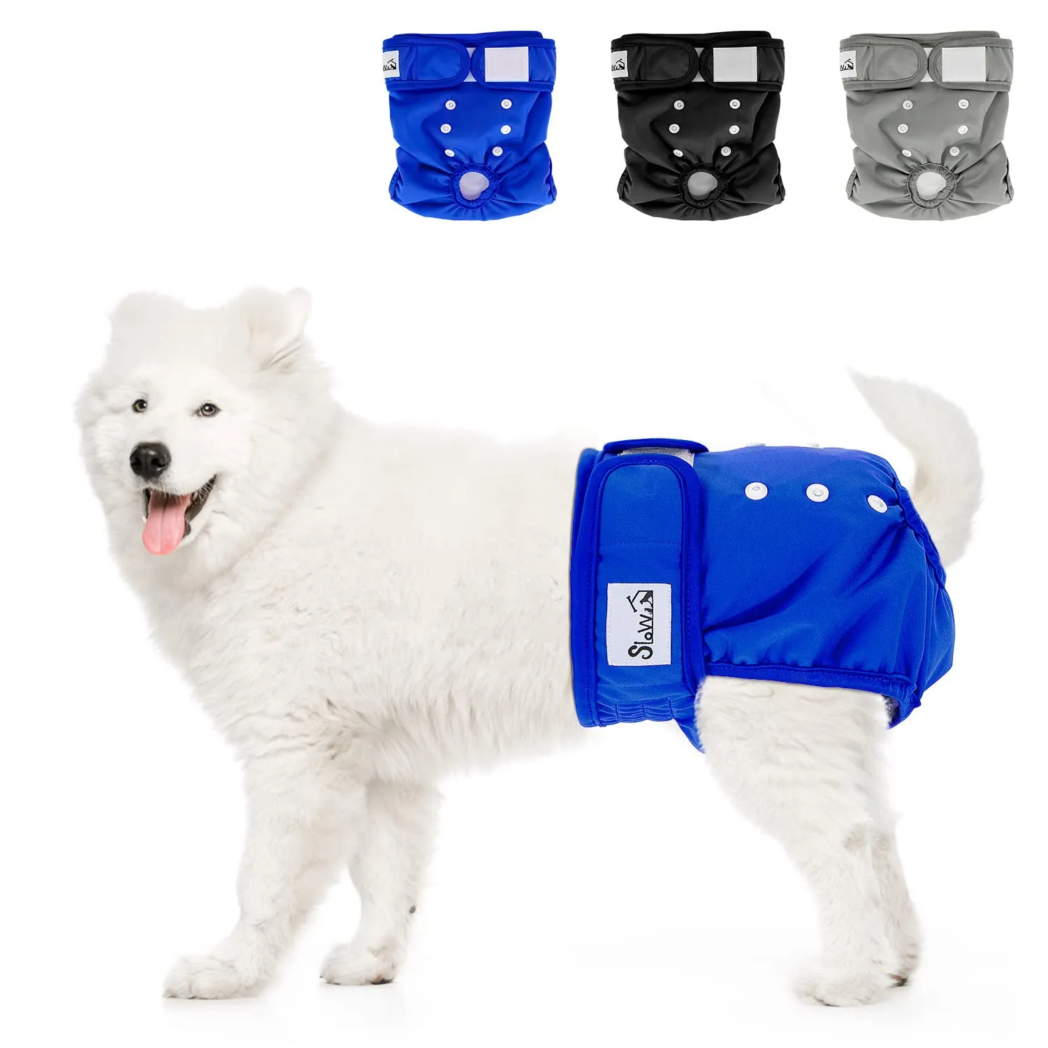 SlowTon Pannolini lavabili per cani, confezione da 3 pezzi a prova di perdite, comodi pannolini con bottoni a pressione regolabili, riutilizzabili per caldi e minzione - immagine 1