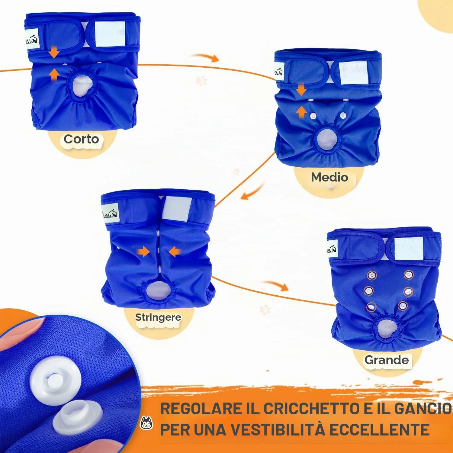 SlowTon Pannolini lavabili per cani, confezione da 3 pezzi a prova di perdite, comodi pannolini con bottoni a pressione regolabili, riutilizzabili per caldi e minzione - immagine 6