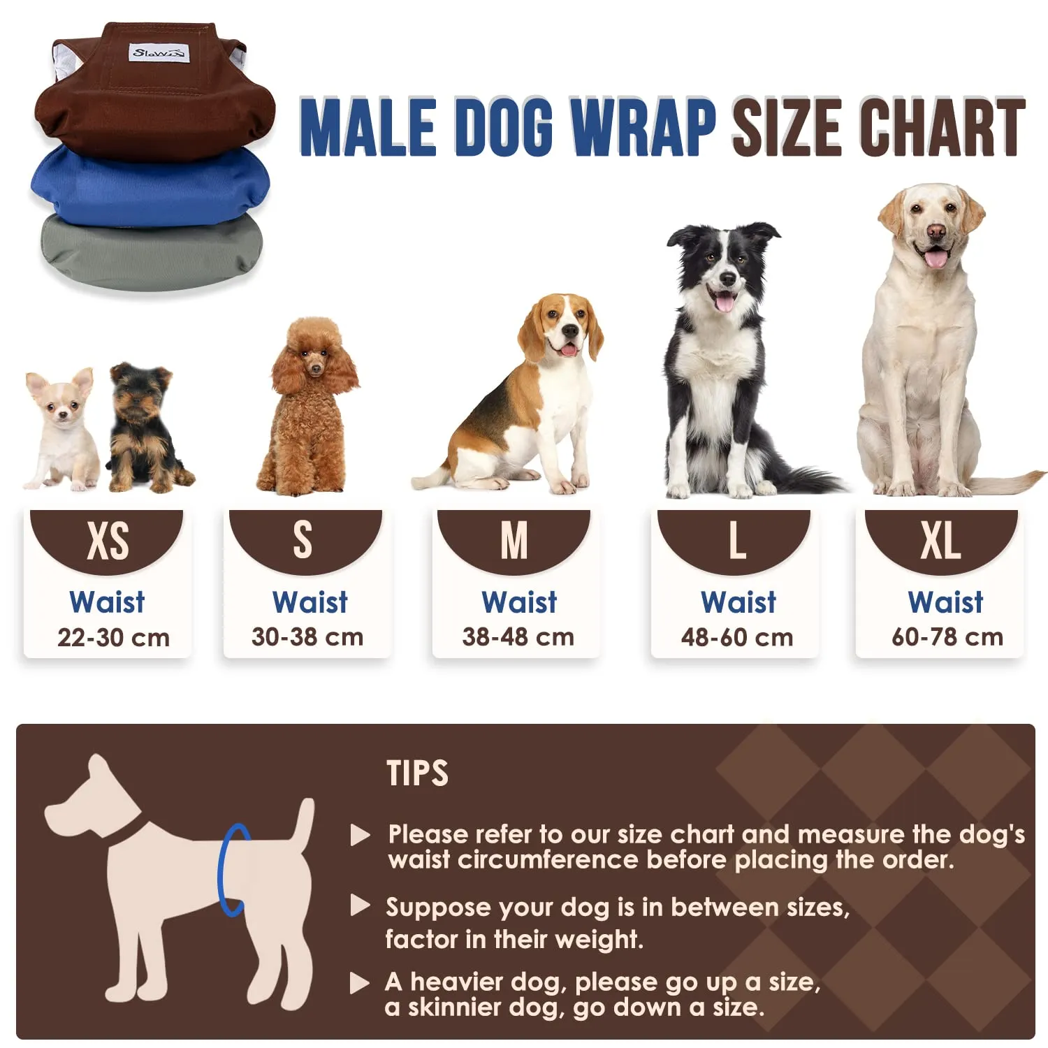 Slowton Male Dog Diapers Wraps, Pannolini lavabili fasce per la pancia con cuscinetti aggiuntivi, Pannolini altamente assorbenti con chiusura flessibile, confezione da 5 - immagine 7