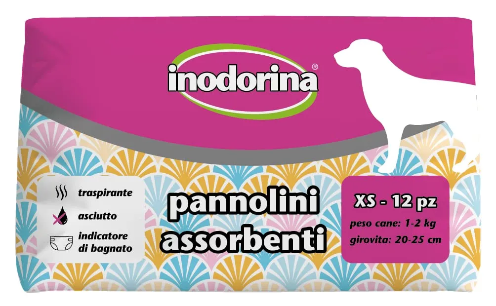 Inodorina, Pannolini Assorbenti Usa e Getta, Tecnologia Traspirante e Indicatore di Bagnato, con Buco per la Coda e Alette Lunghe, per Cani con Peso da 1-2 kg, Taglia XS, 12 pezzi - immagine 1