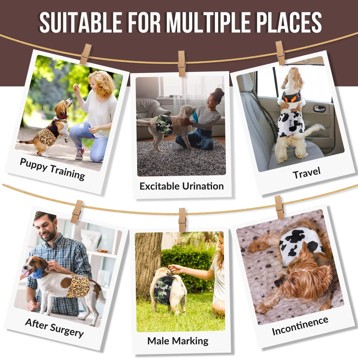 Slowton Male Dog Diapers Wraps, Pannolini lavabili fasce per la pancia con cuscinetti aggiuntivi, Pannolini altamente assorbenti con chiusura flessibile, confezione da 5 - immagine 6