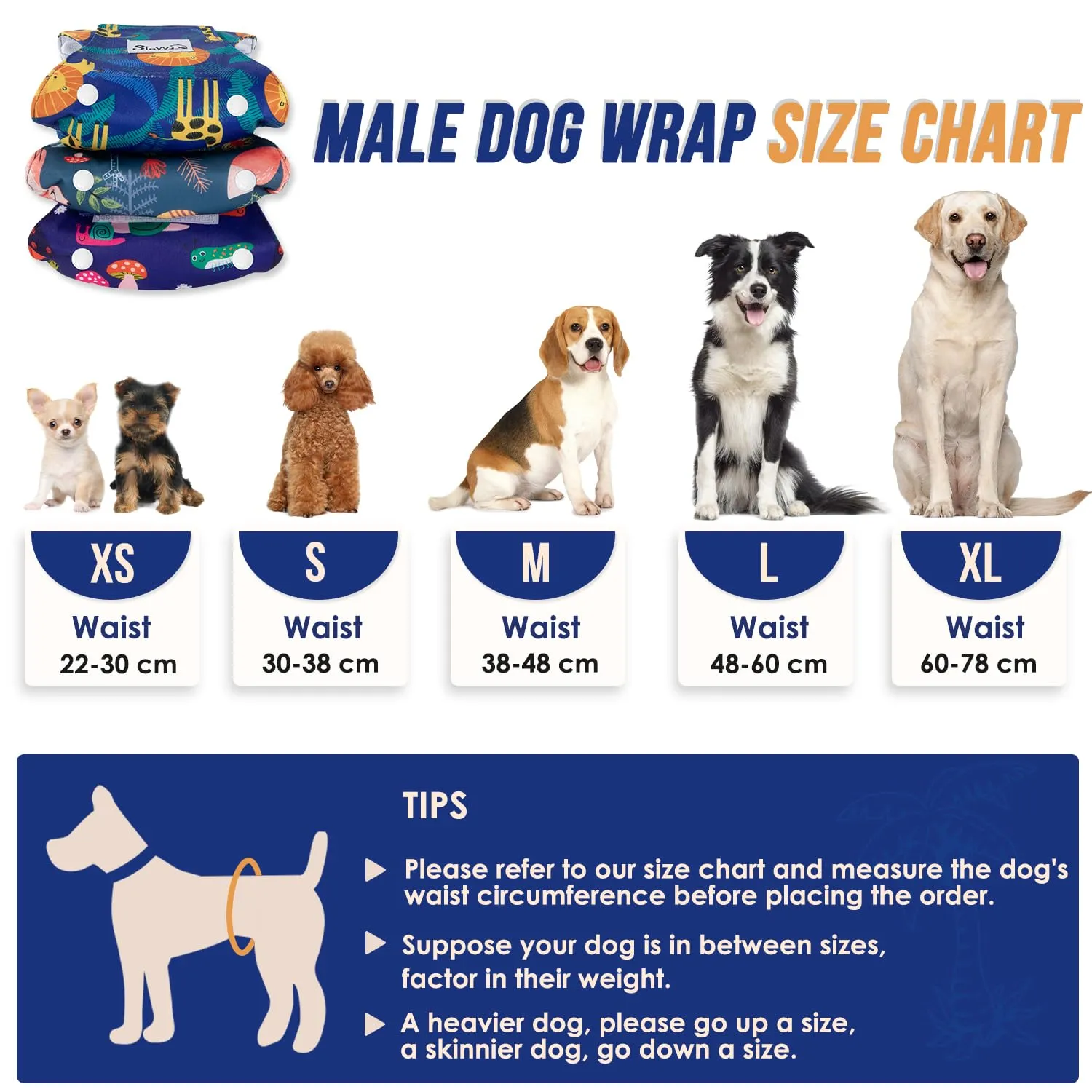 Slowton Male Dog Diapers Wraps, Pannolini lavabili fasce per la pancia con cuscinetti aggiuntivi, Pannolini altamente assorbenti con chiusura flessibile, confezione da 5 - immagine 7