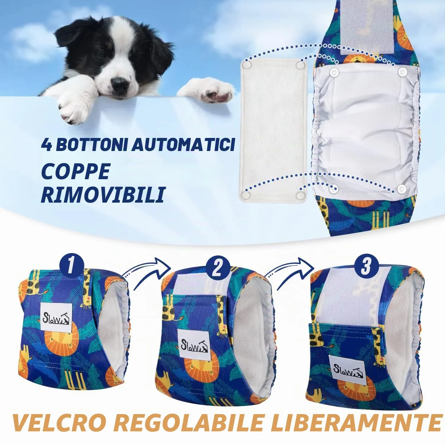 Slowton Male Dog Diapers Wraps, Pannolini lavabili fasce per la pancia con cuscinetti aggiuntivi, Pannolini altamente assorbenti con chiusura flessibile, confezione da 5 - immagine 5