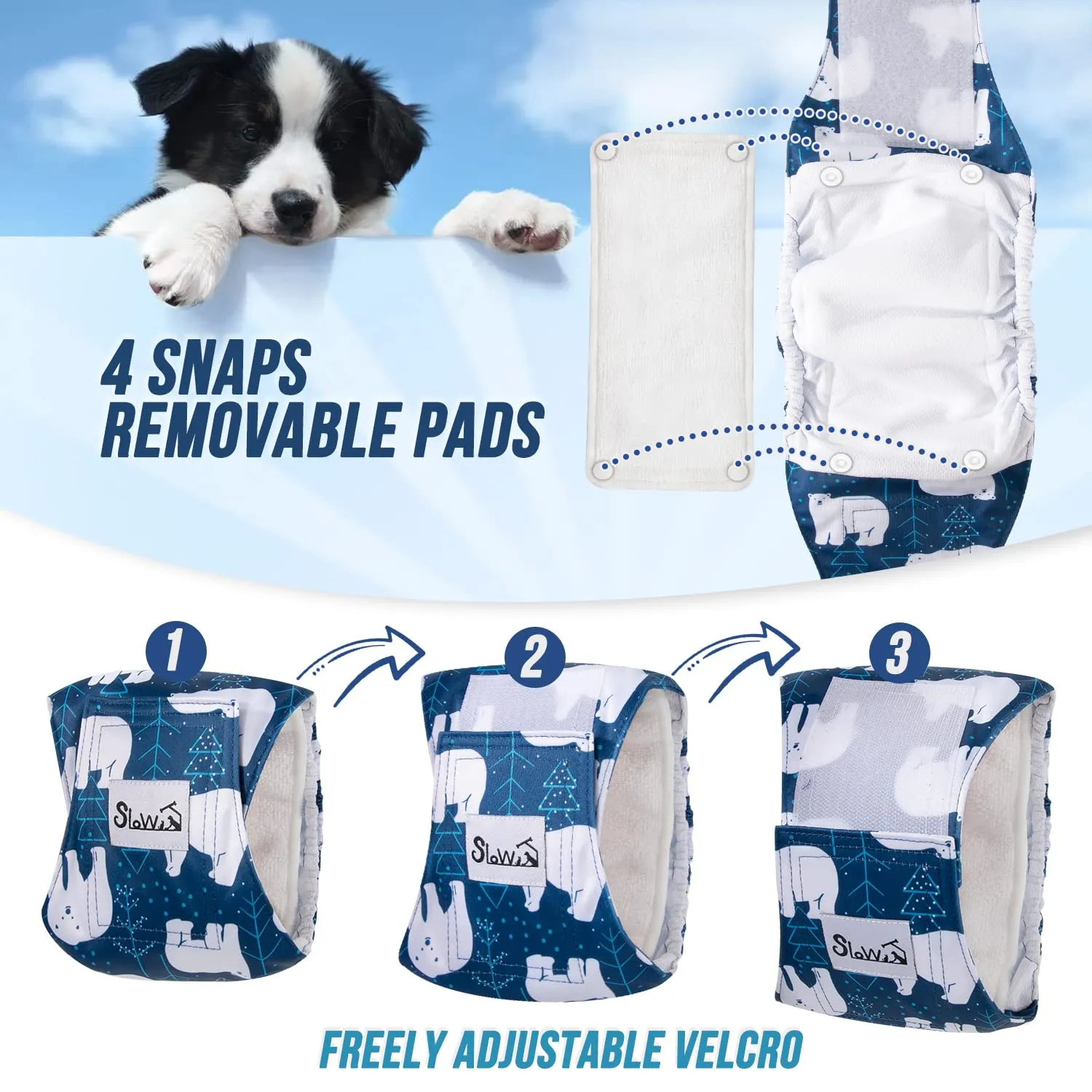 Slowton Male Dog Diapers Wraps, Pannolini lavabili fasce per la pancia con cuscinetti aggiuntivi, Pannolini altamente assorbenti con chiusura flessibile, confezione da 5 - immagine 5