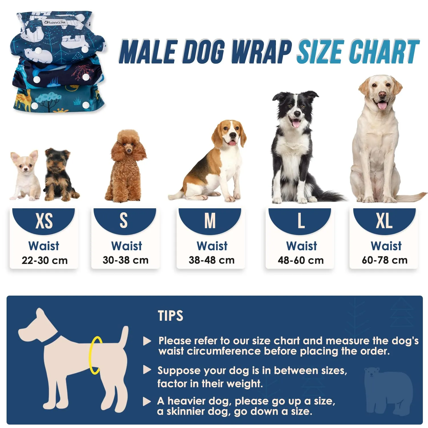 Slowton Male Dog Diapers Wraps, Pannolini lavabili fasce per la pancia con cuscinetti aggiuntivi, Pannolini altamente assorbenti con chiusura flessibile, confezione da 5 - immagine 7